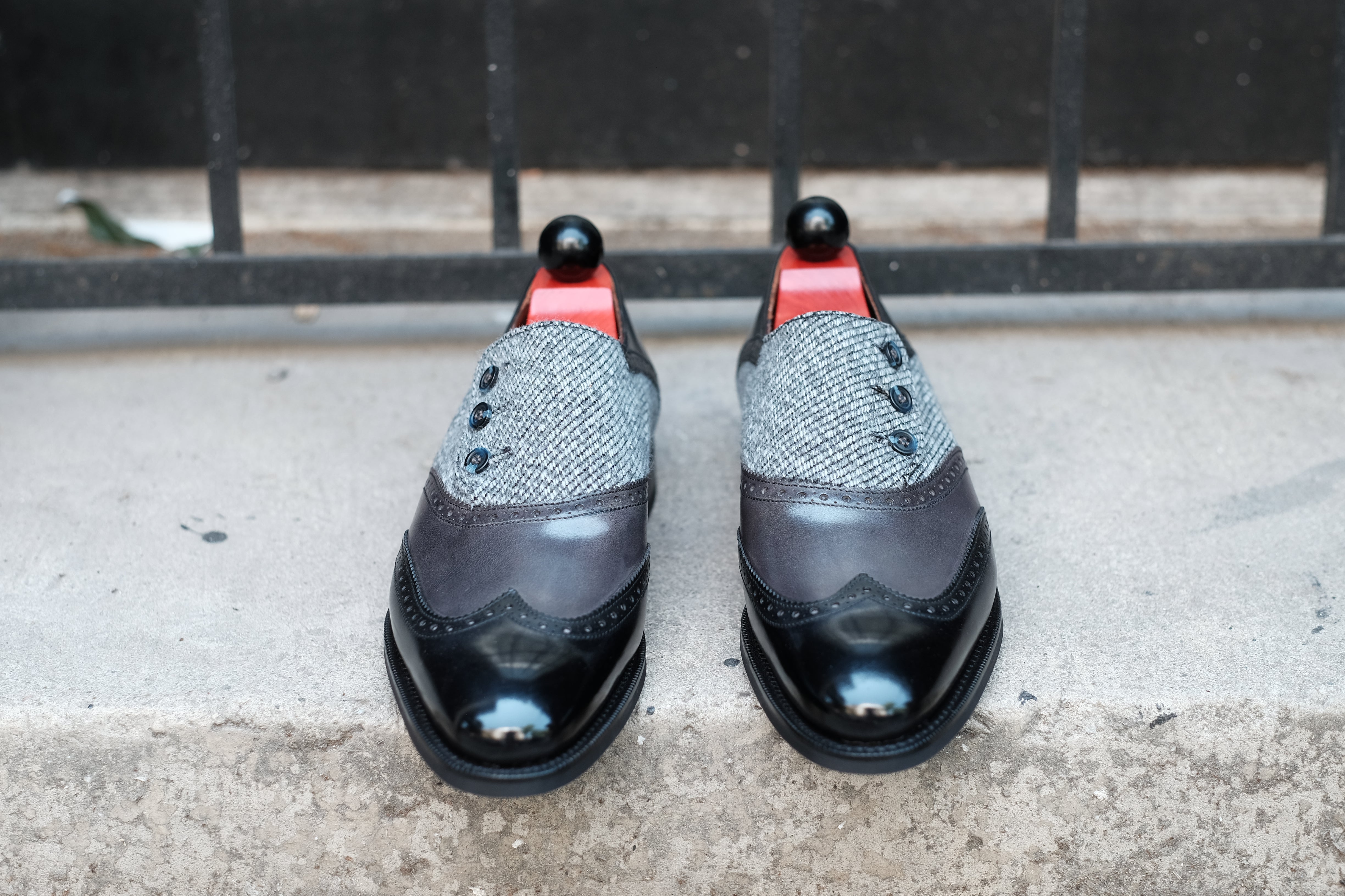Dorai - MTO - Black Calf / Shaded Grey Calf / Grey Poulsbo - NGT Last - Blue Buttons - Country Rubber Sole-Made To Order Button Shoe Wingtip Brogue-J.FitzPatrick Footwear