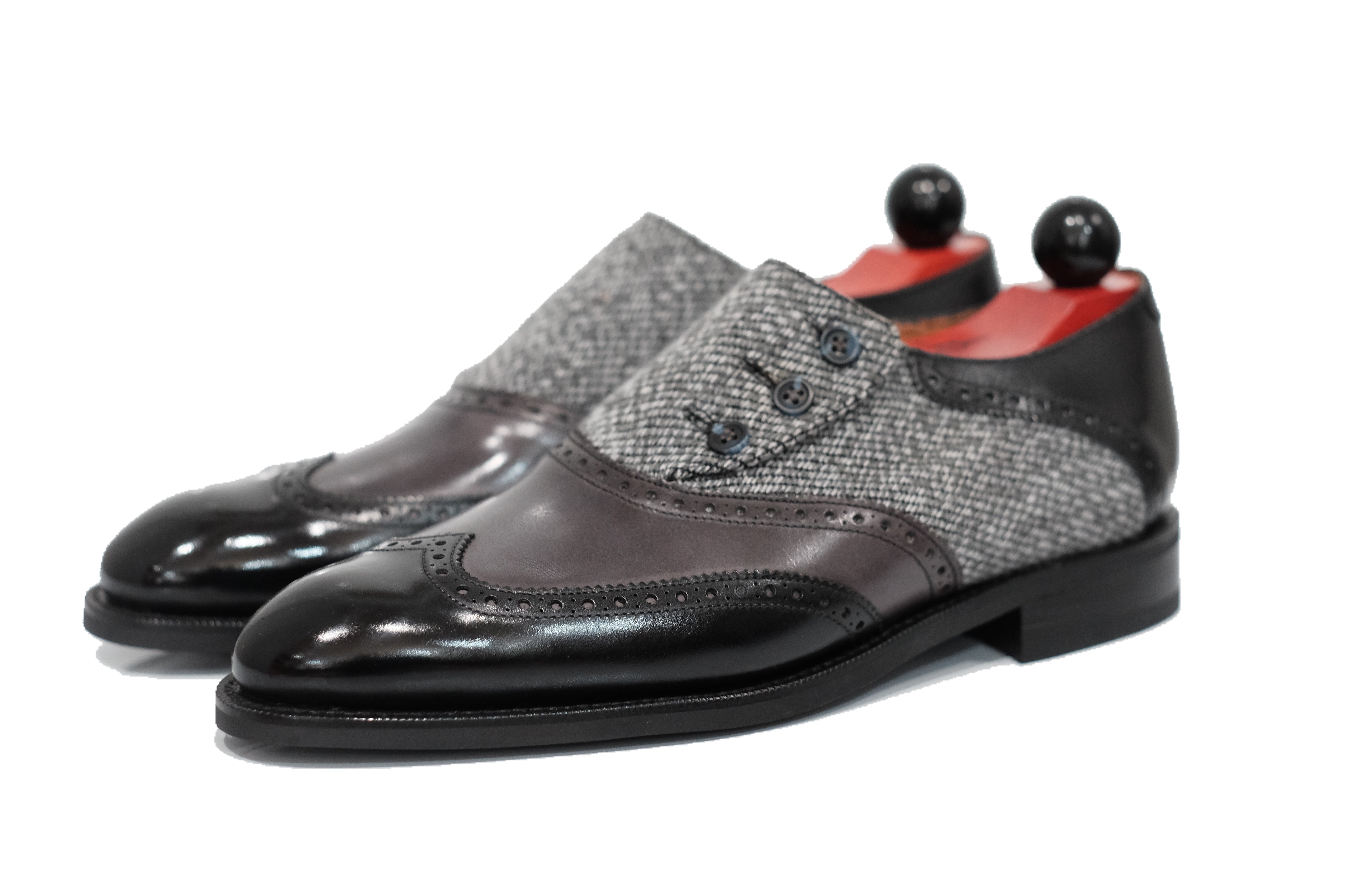 Dorai - MTO - Black Calf / Shaded Grey Calf / Grey Poulsbo - NGT Last - Blue Buttons - Country Rubber Sole-Made To Order Button Shoe Wingtip Brogue-J.FitzPatrick Footwear