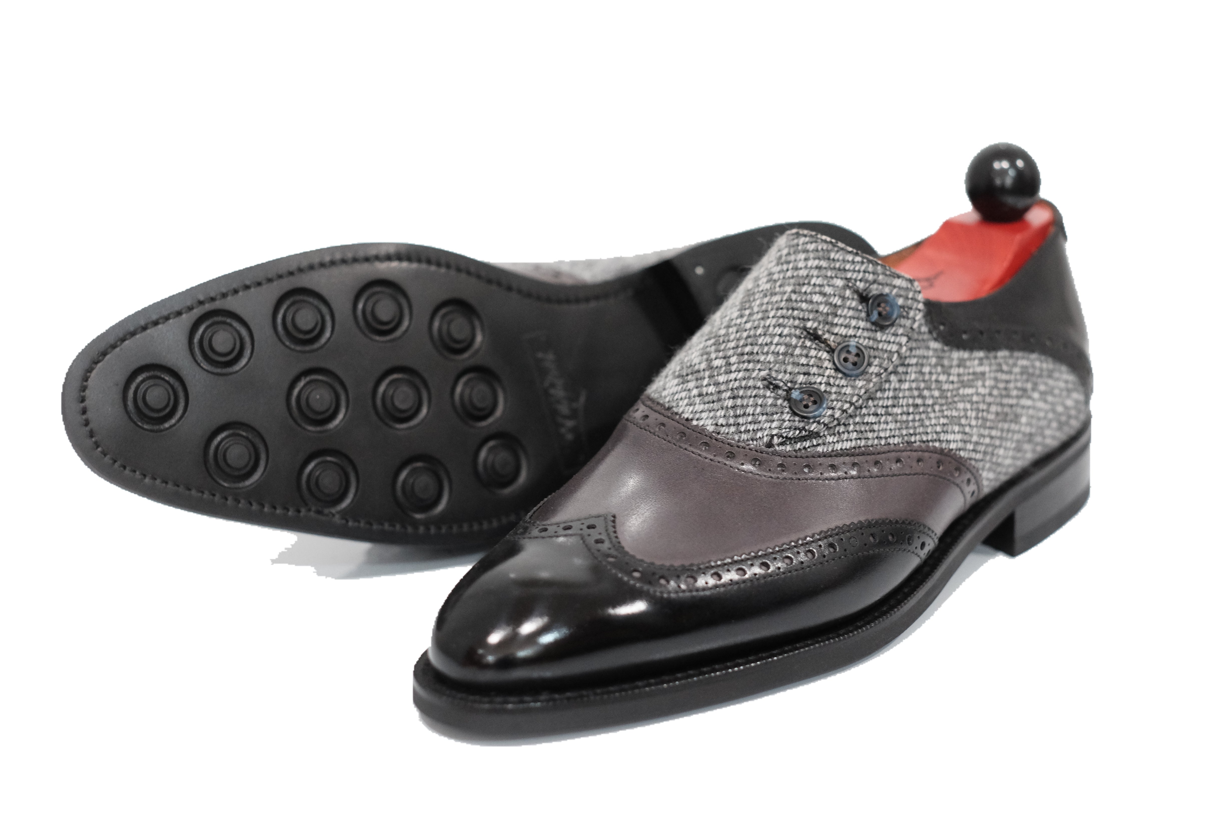 Dorai - MTO - Black Calf / Shaded Grey Calf / Grey Poulsbo - NGT Last - Blue Buttons - Country Rubber Sole-Made To Order Button Shoe Wingtip Brogue-J.FitzPatrick Footwear