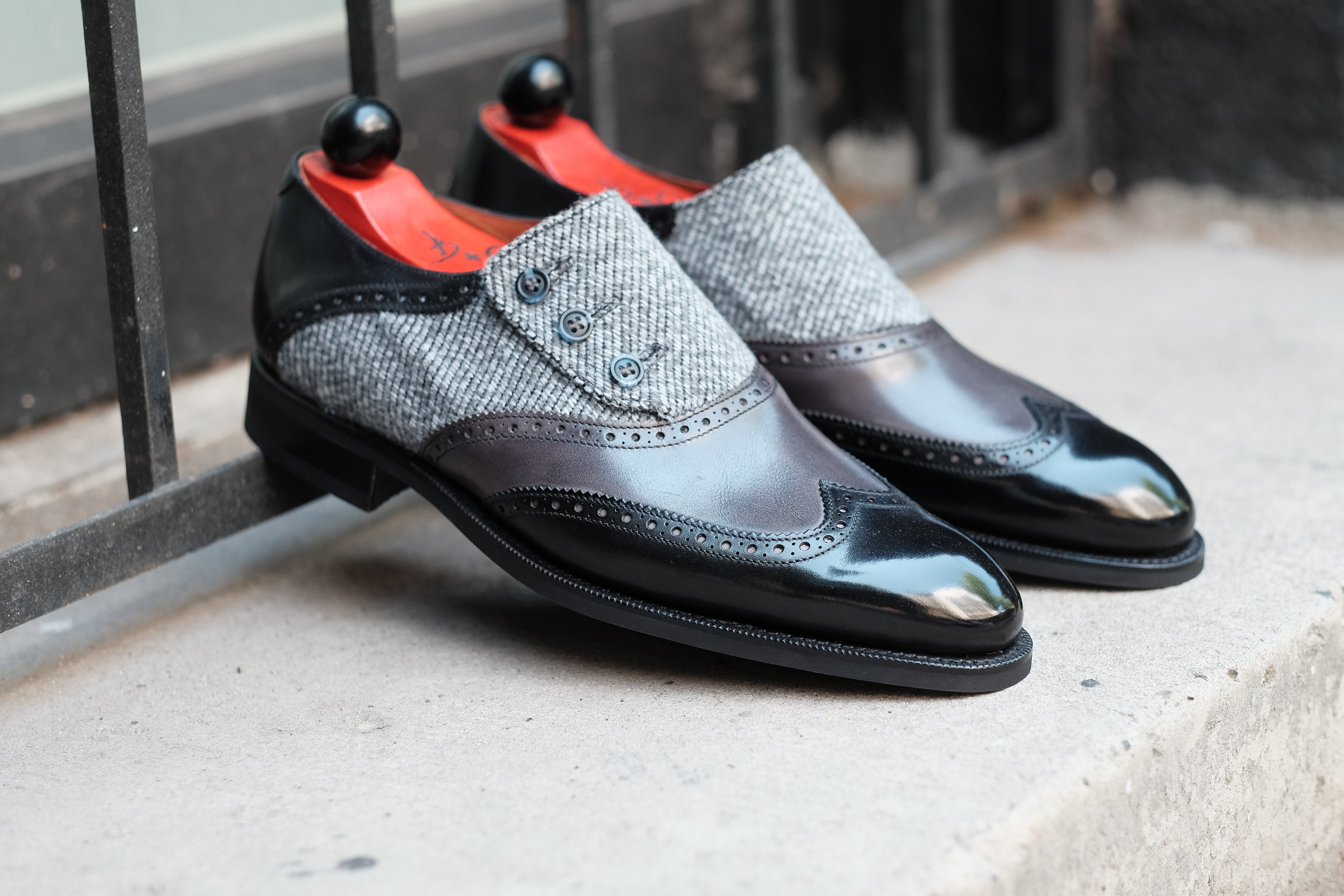 Dorai - MTO - Black Calf / Shaded Grey Calf / Grey Poulsbo - NGT Last - Blue Buttons - Country Rubber Sole-Made To Order Button Shoe Wingtip Brogue-J.FitzPatrick Footwear