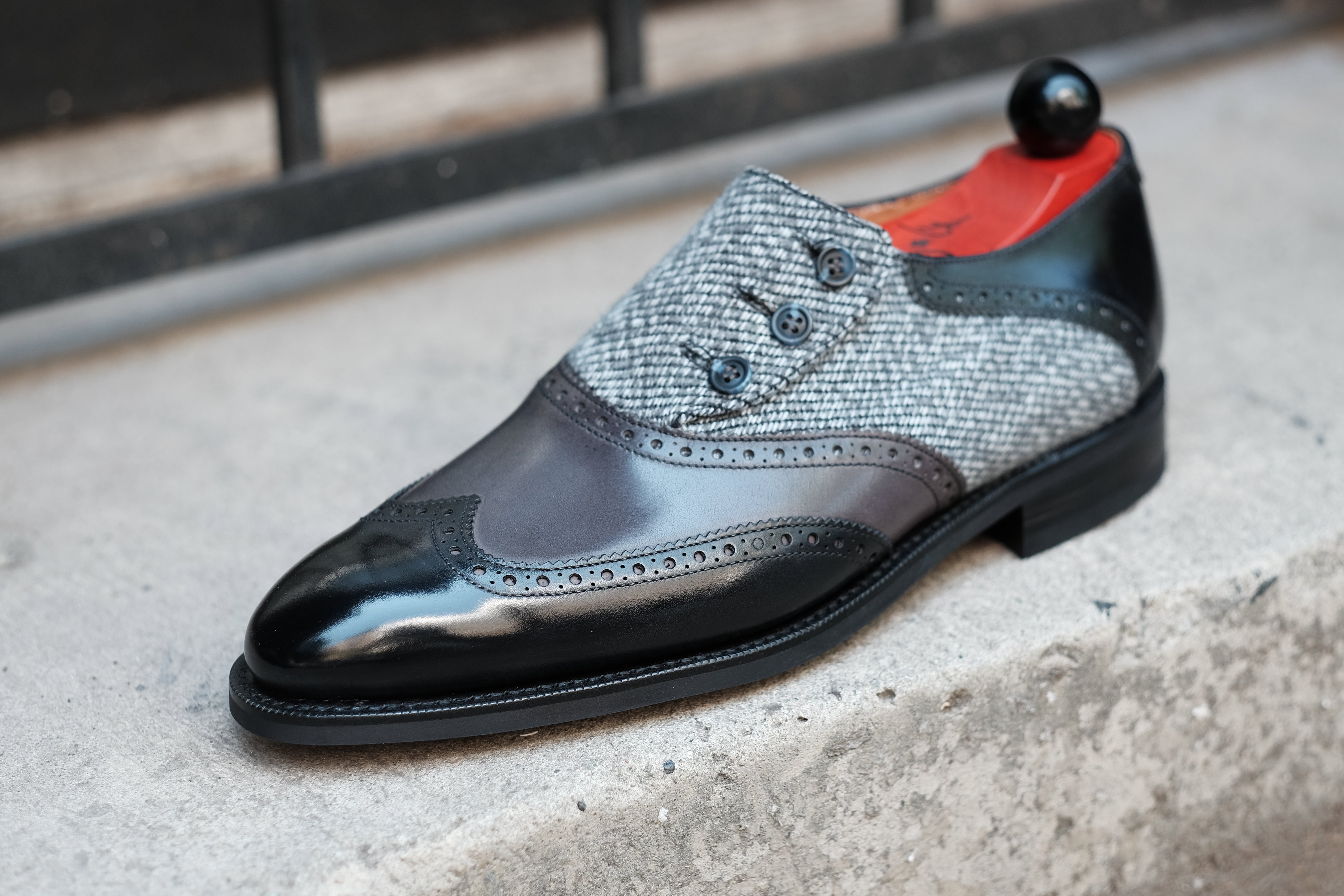 Dorai - MTO - Black Calf / Shaded Grey Calf / Grey Poulsbo - NGT Last - Blue Buttons - Country Rubber Sole-Made To Order Button Shoe Wingtip Brogue-J.FitzPatrick Footwear