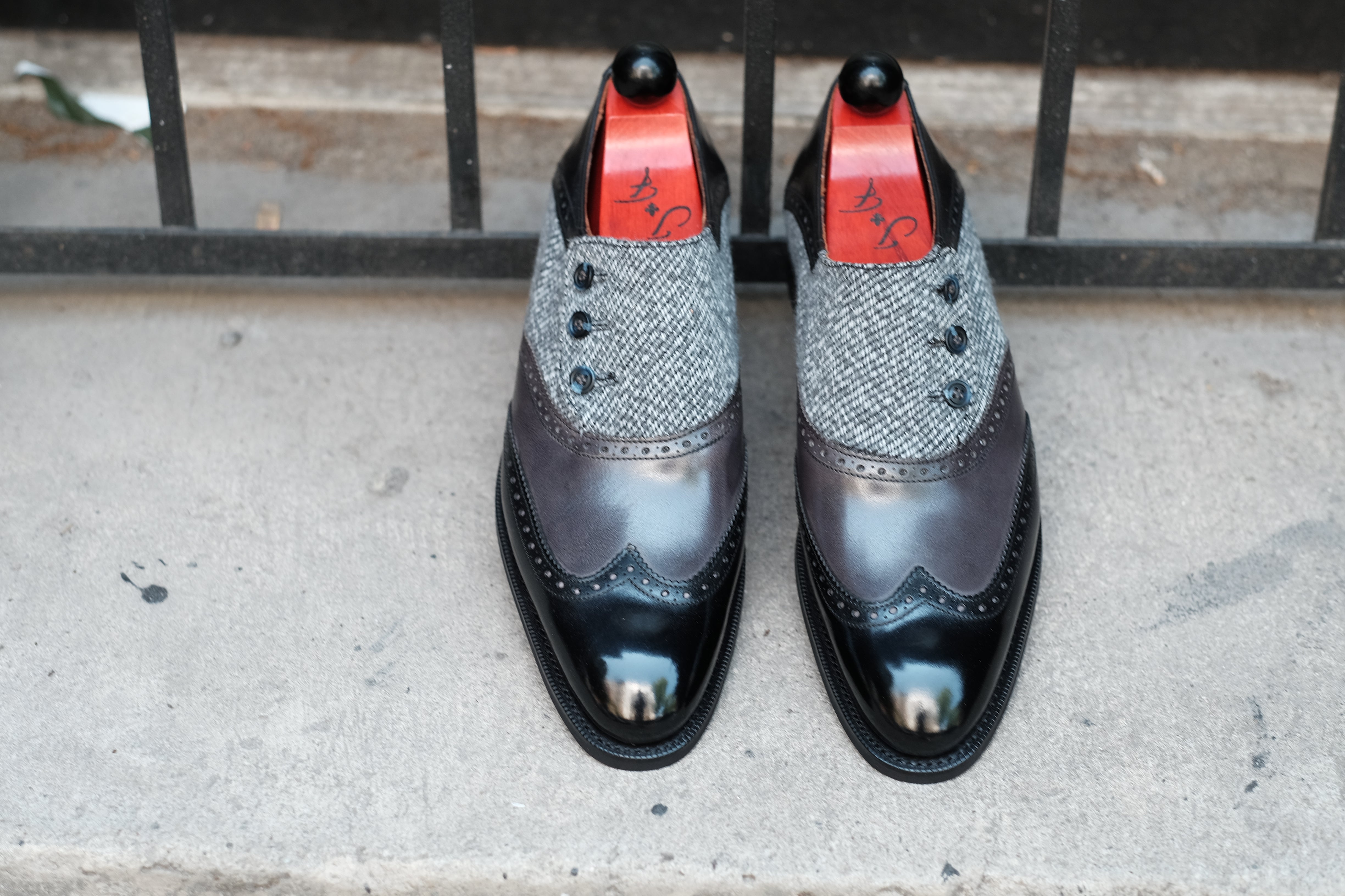 Dorai - MTO - Black Calf / Shaded Grey Calf / Grey Poulsbo - NGT Last - Blue Buttons - Country Rubber Sole-Made To Order Button Shoe Wingtip Brogue-J.FitzPatrick Footwear