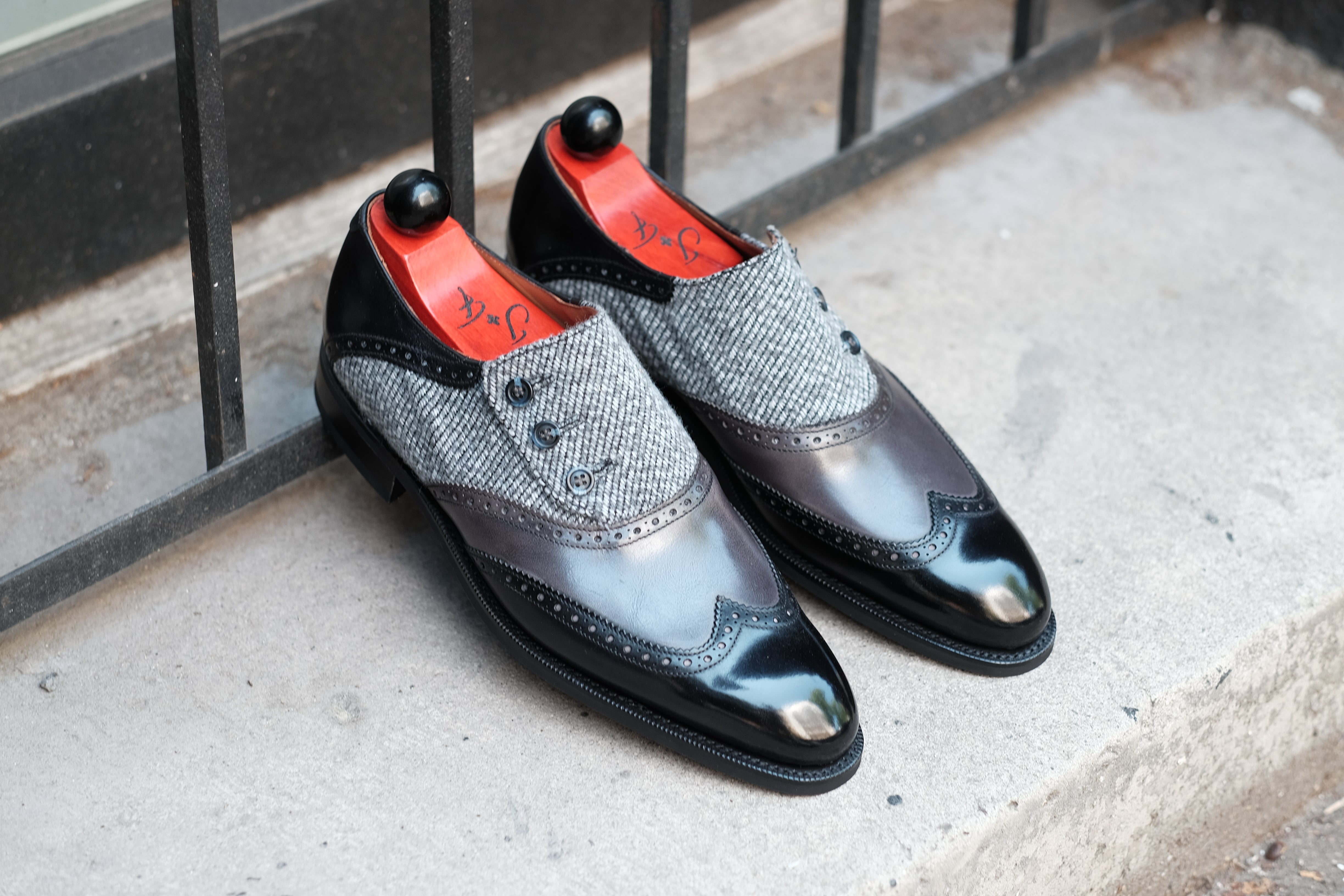 Dorai - MTO - Black Calf / Shaded Grey Calf / Grey Poulsbo - NGT Last - Blue Buttons - Country Rubber Sole-Made To Order Button Shoe Wingtip Brogue-J.FitzPatrick Footwear