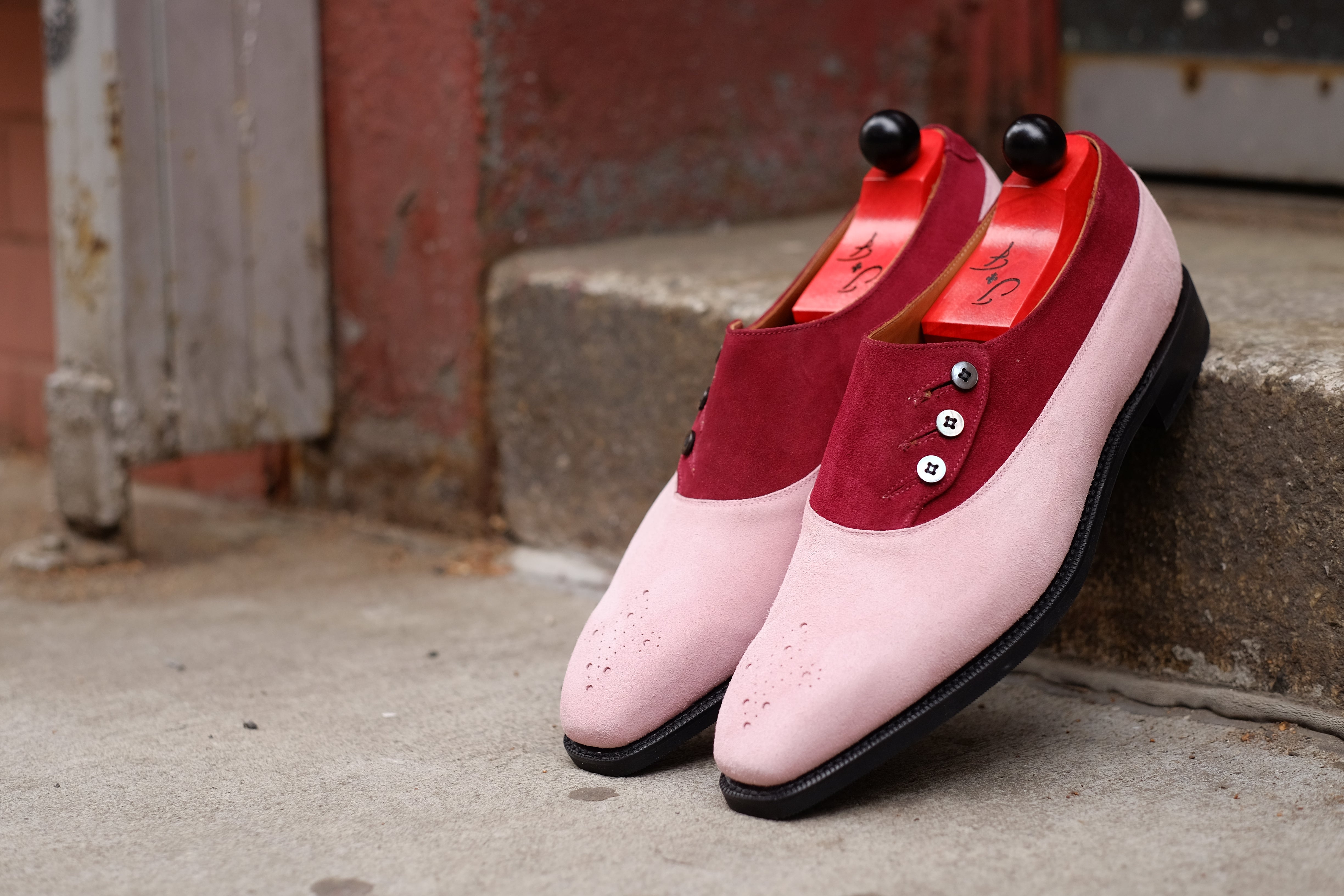 Eastmont - MTO - Pink Suede / Burgundy Suede - MGF Last - City Rubber Sole-Made To Order Button Shoe Balmoral Medallion-J.FitzPatrick Footwear