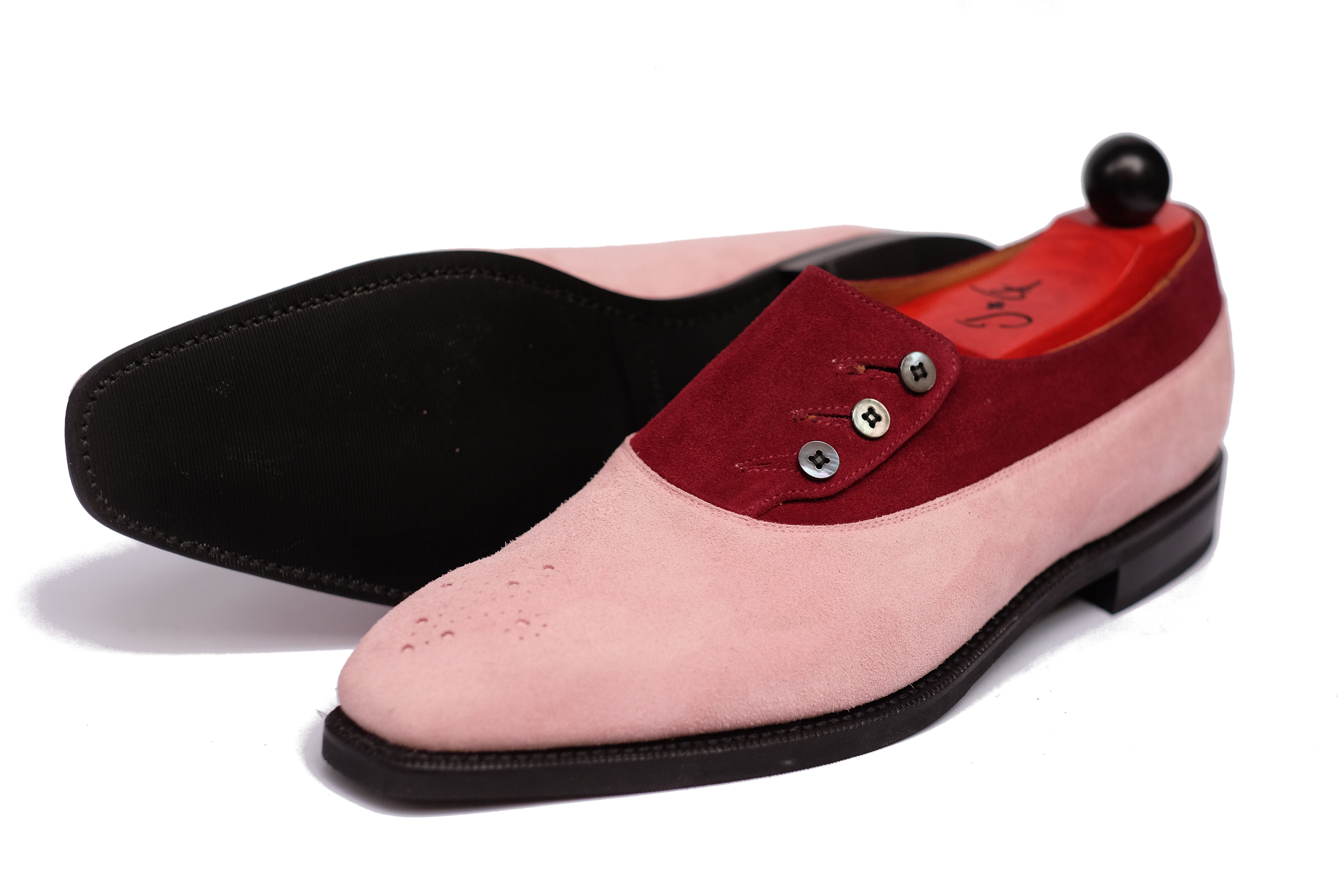 Eastmont - MTO - Pink Suede / Burgundy Suede - MGF Last - City Rubber Sole-Made To Order Button Shoe Balmoral Medallion-J.FitzPatrick Footwear
