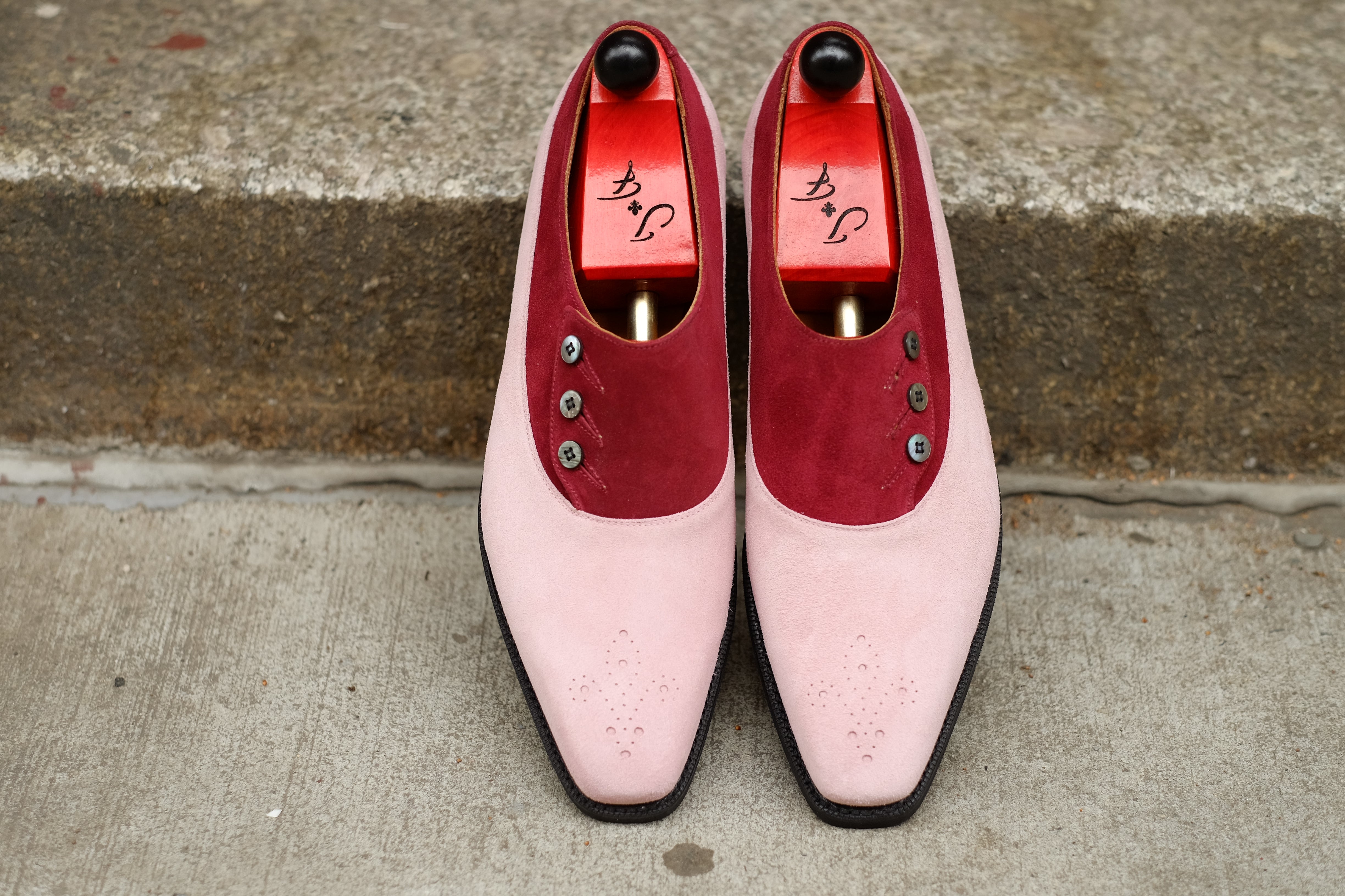 Eastmont - MTO - Pink Suede / Burgundy Suede - MGF Last - City Rubber Sole-Made To Order Button Shoe Balmoral Medallion-J.FitzPatrick Footwear