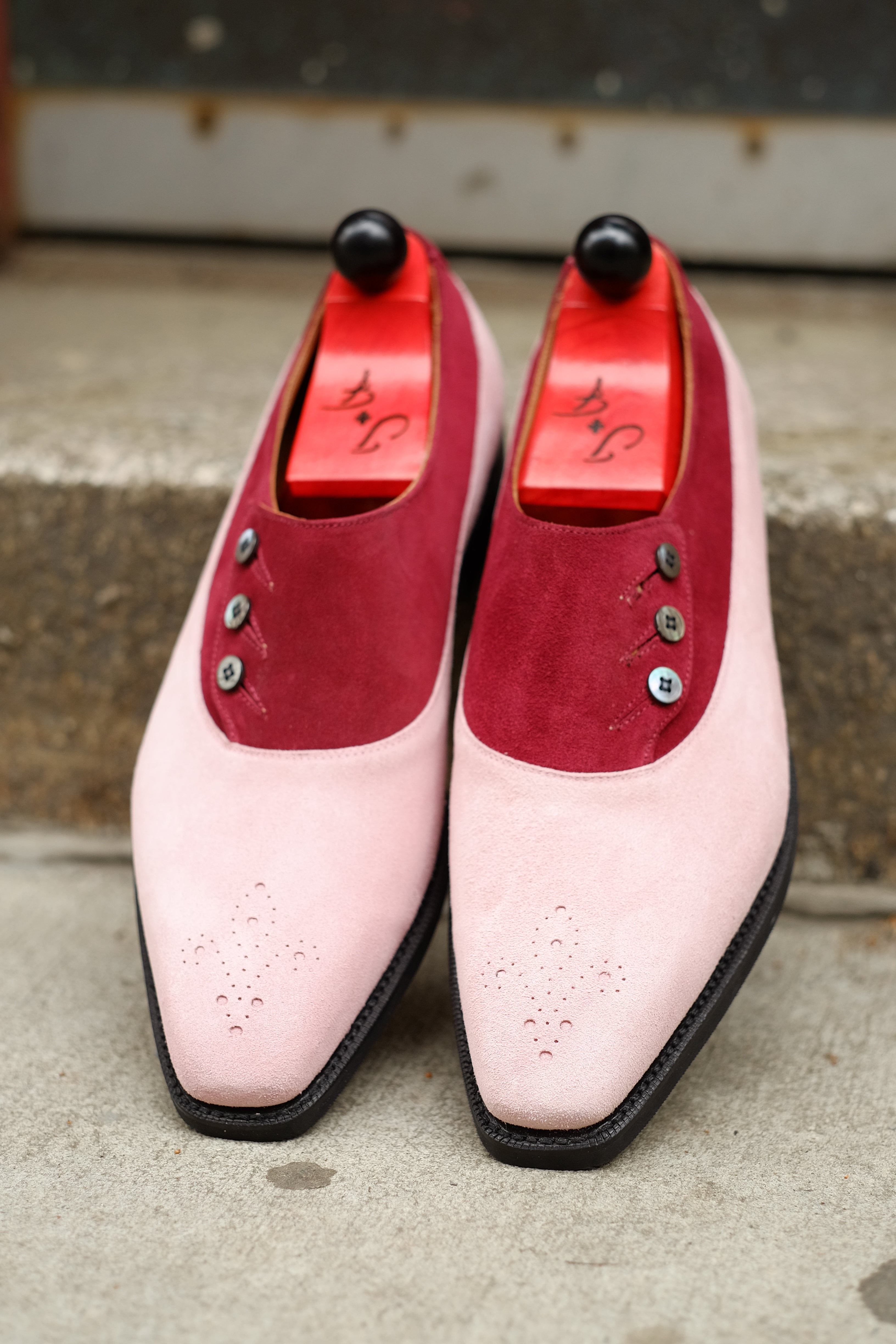 Eastmont - MTO - Pink Suede / Burgundy Suede - MGF Last - City Rubber Sole-Made To Order Button Shoe Balmoral Medallion-J.FitzPatrick Footwear