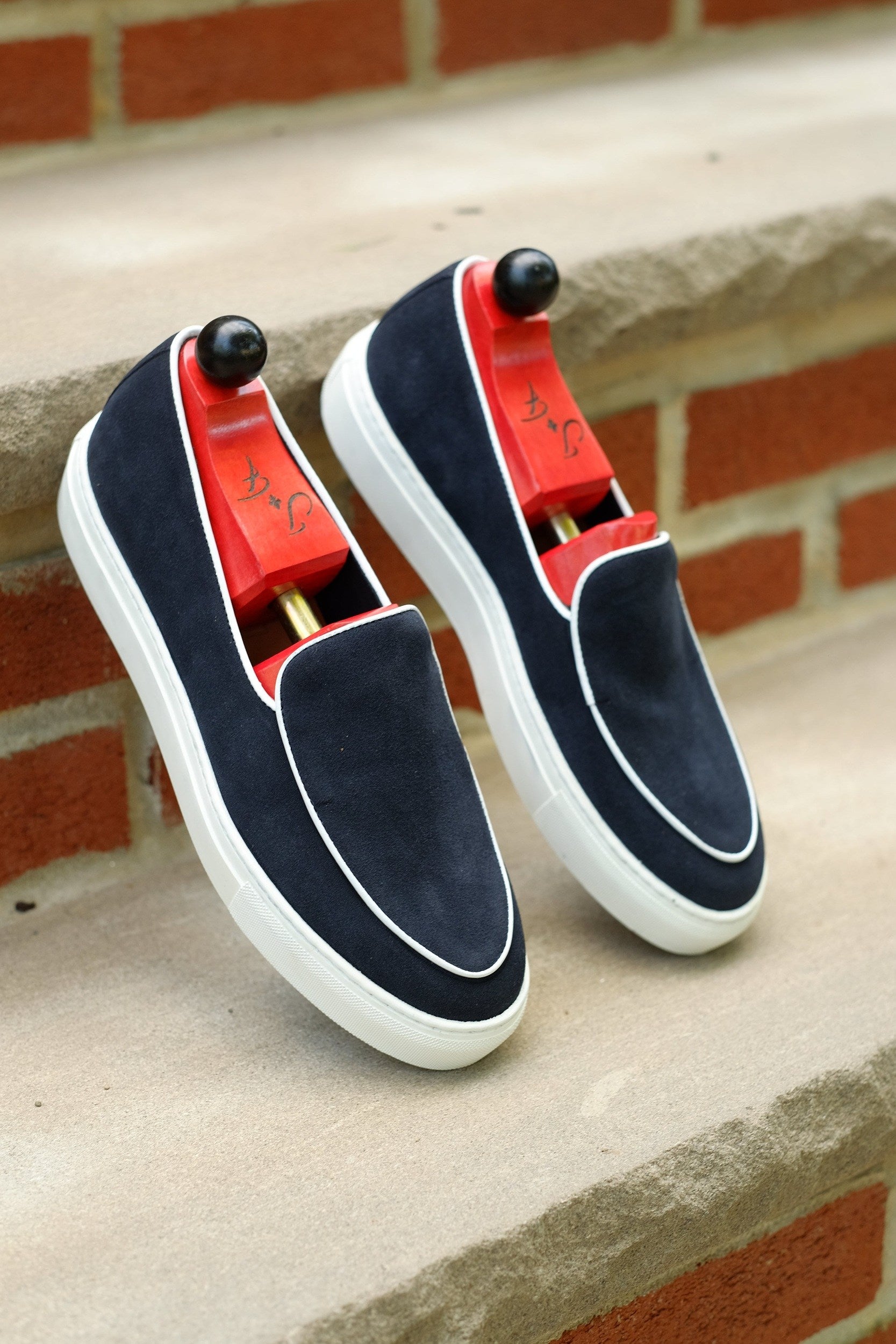 Ellensburg - Navy Suede / White Calf Piping - PRE SALE-Slip On Sneakers-J.FitzPatrick Footwear