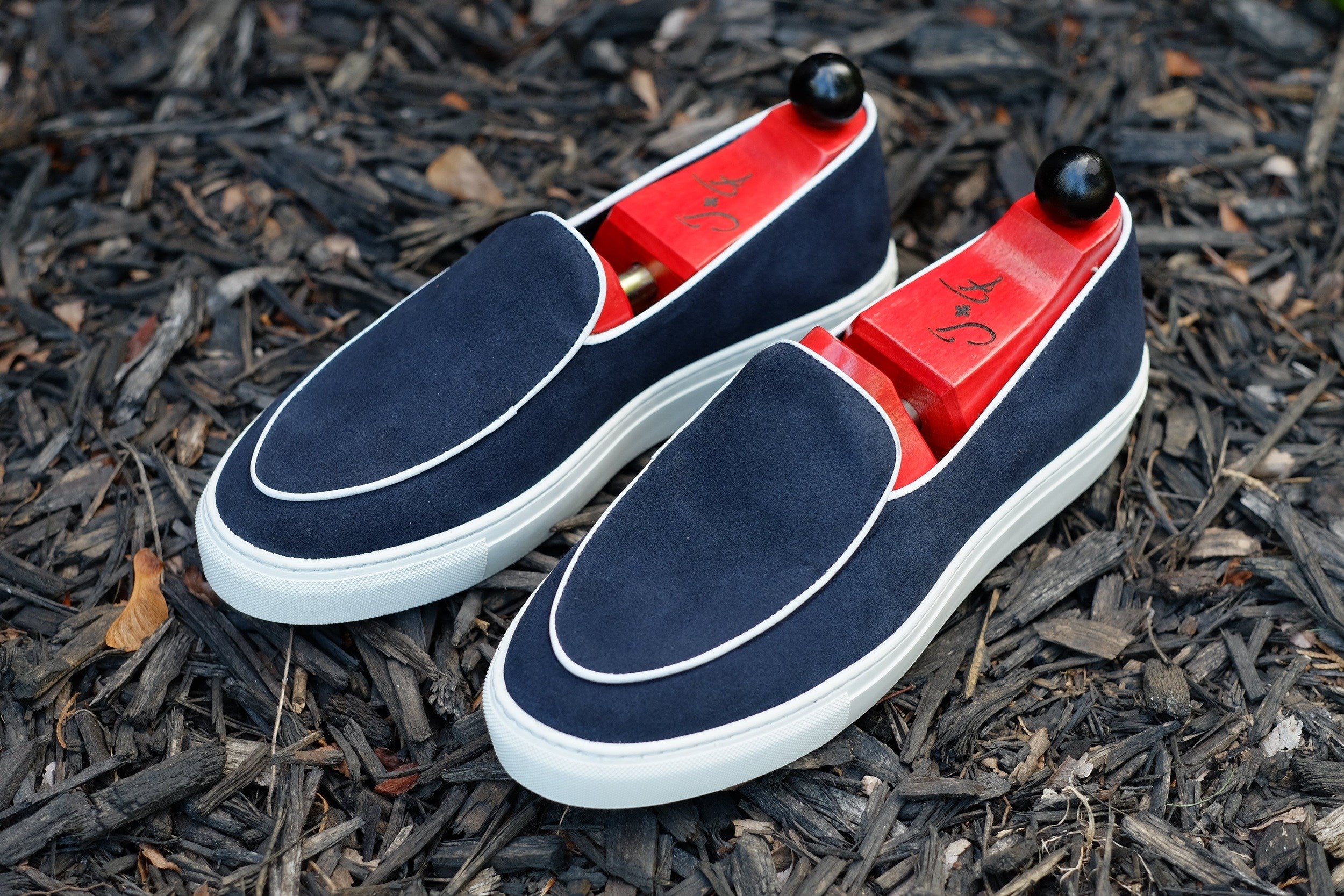 Ellensburg - Navy Suede / White Calf Piping - PRE SALE-Slip On Sneakers-J.FitzPatrick Footwear