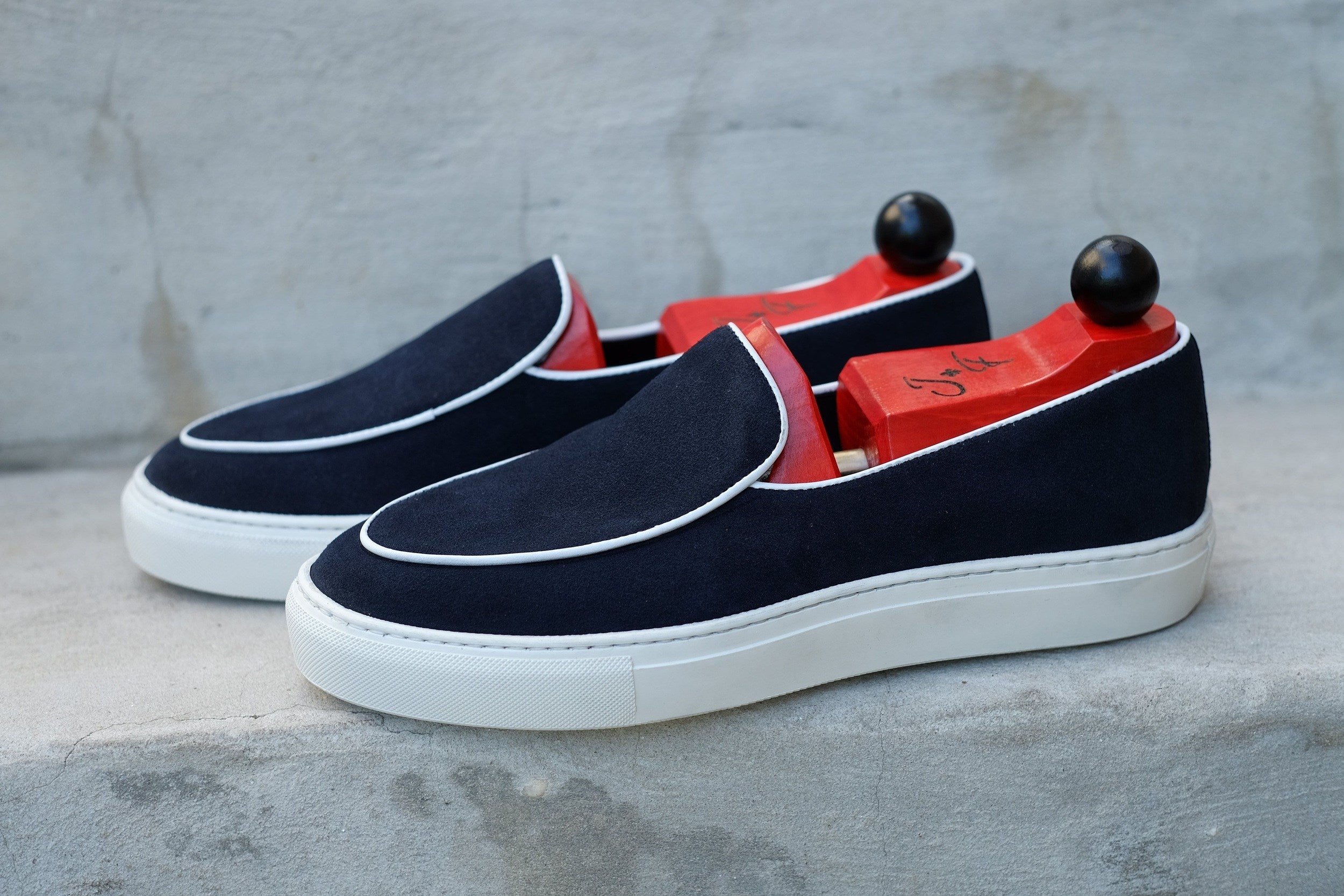 Ellensburg - Navy Suede / White Calf Piping - PRE SALE-Slip On Sneakers-J.FitzPatrick Footwear