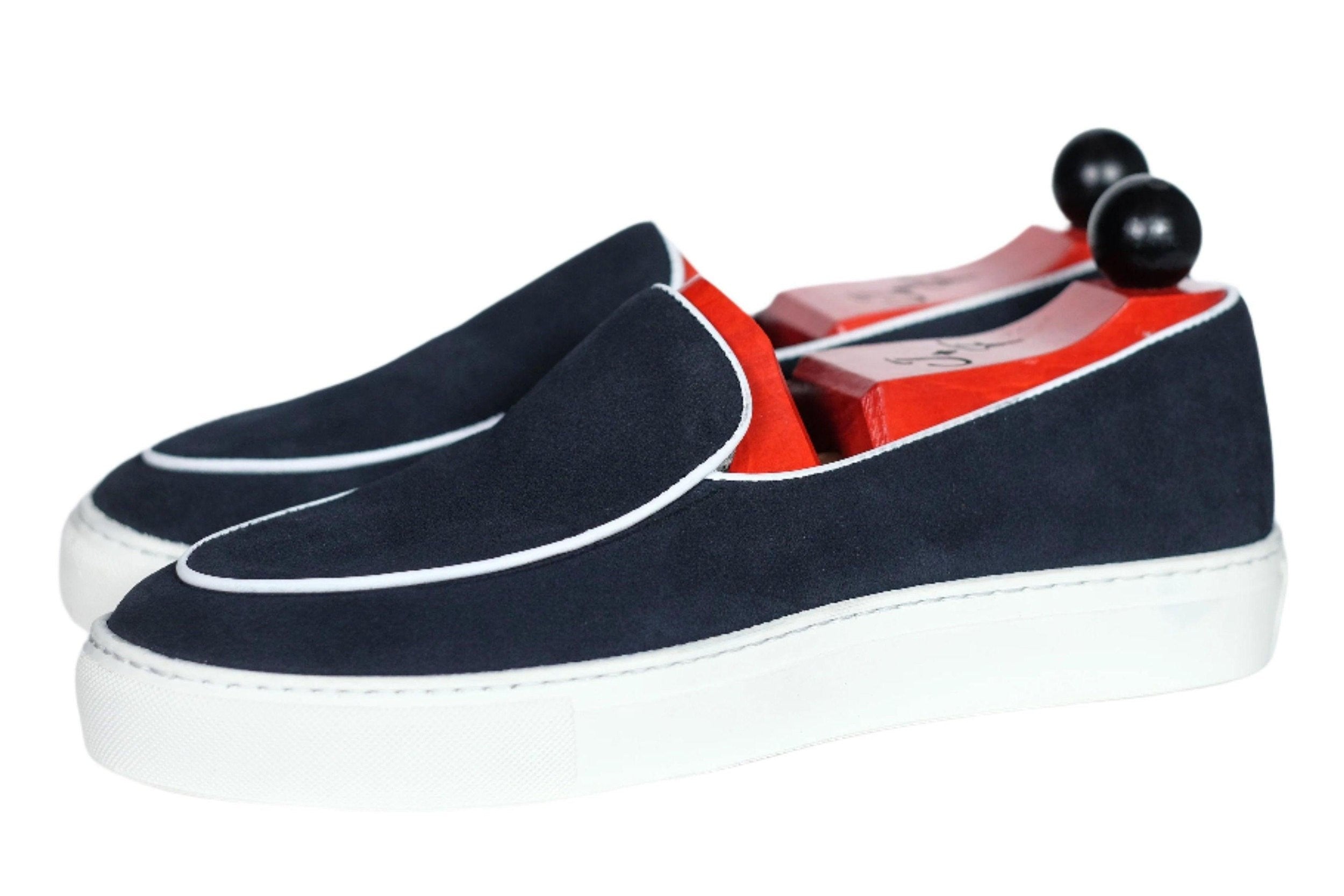 Ellensburg - Navy Suede / White Calf Piping - PRE SALE-Slip On Sneakers-J.FitzPatrick Footwear