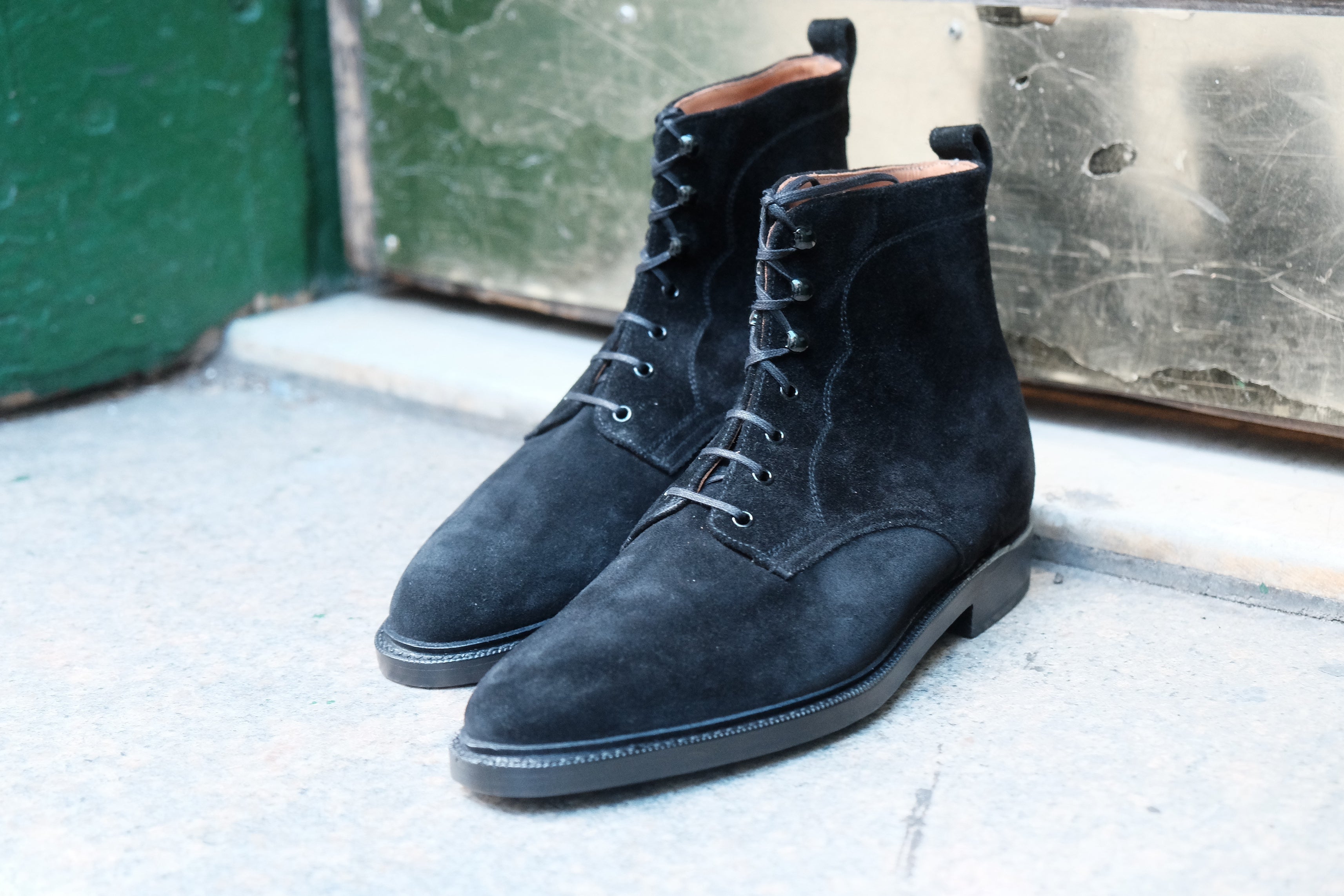 Foster - MTO - Black Suede - TMG Last - Double Leather Sole With 3/4 Storm Welt-Made To Order Boot Lace Laceup Plain Toe-J.FitzPatrick Footwear