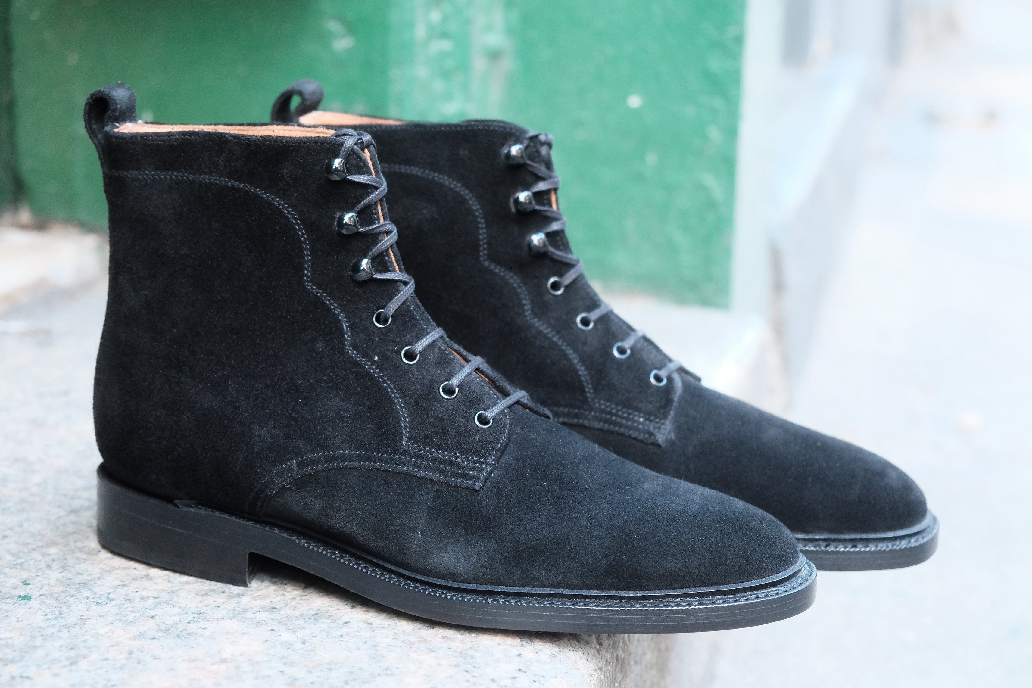 Foster - MTO - Black Suede - TMG Last - Double Leather Sole With 3/4 Storm Welt-Made To Order Boot Lace Laceup Plain Toe-J.FitzPatrick Footwear