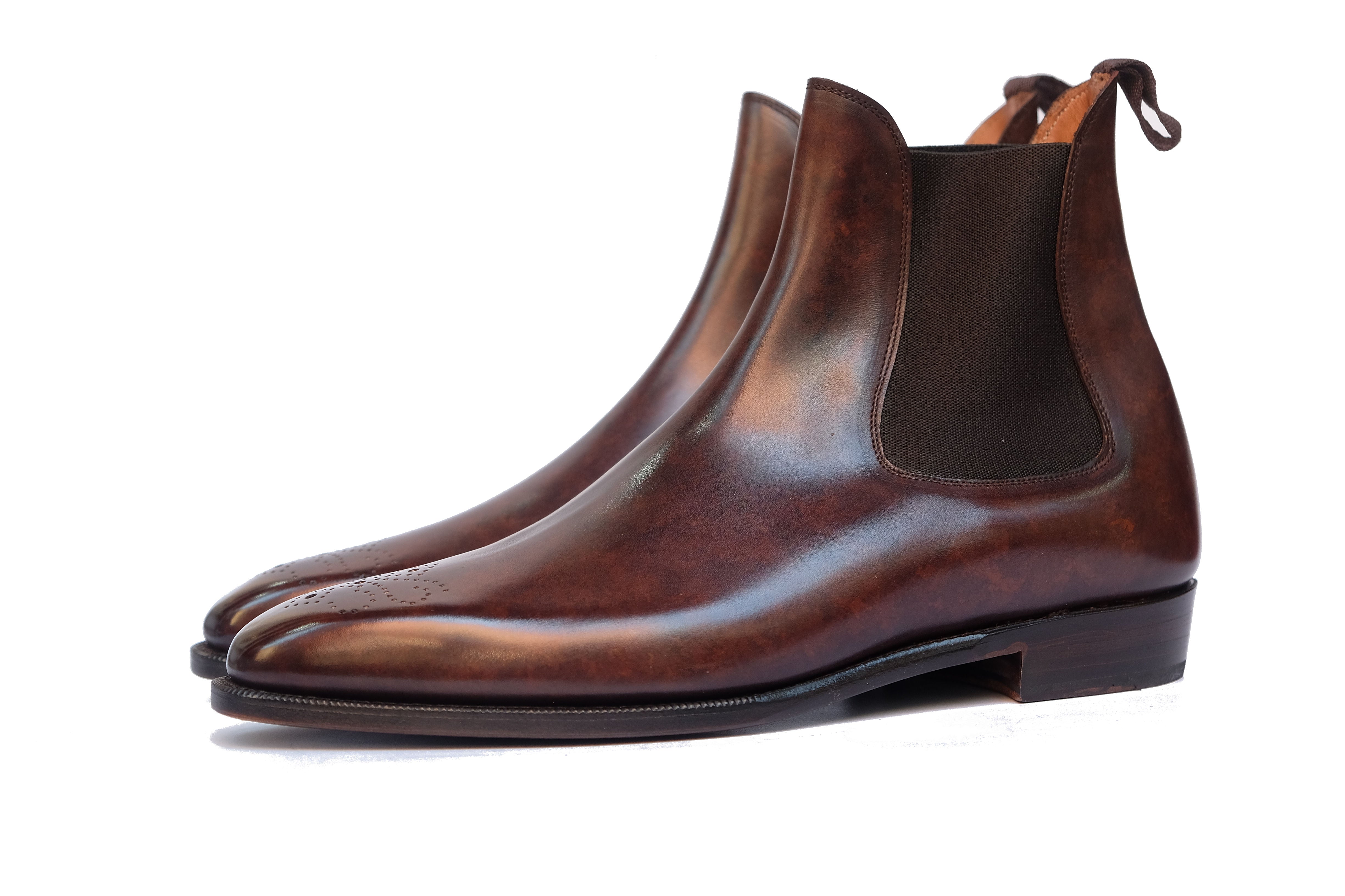 Highland - MTO - Dark Brown Marble Patina - MGF Last - Single Leather Sole-Made To Order Chelsea Boot Medallion-J.FitzPatrick Footwear