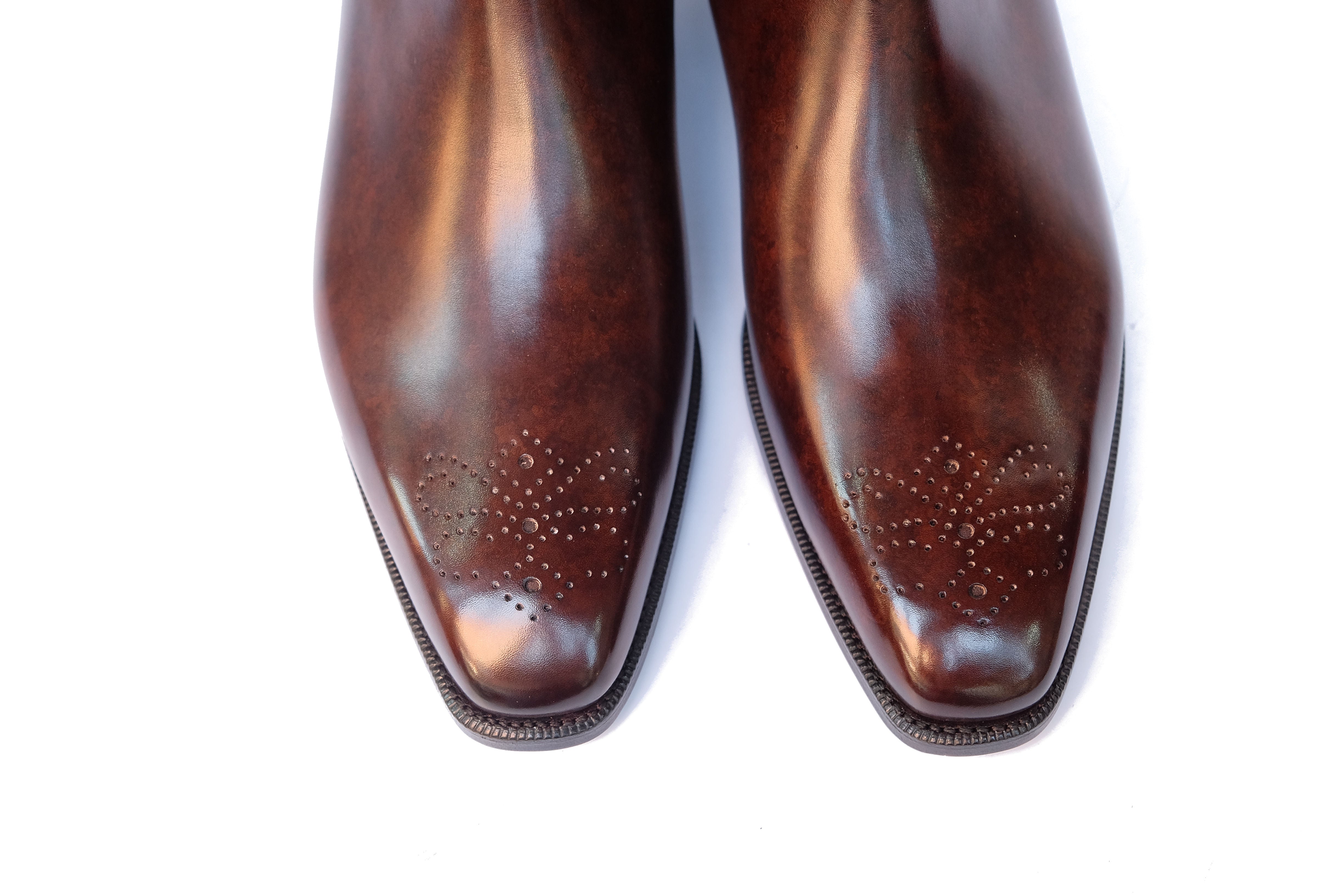 Highland - MTO - Dark Brown Marble Patina - MGF Last - Single Leather Sole-Made To Order Chelsea Boot Medallion-J.FitzPatrick Footwear