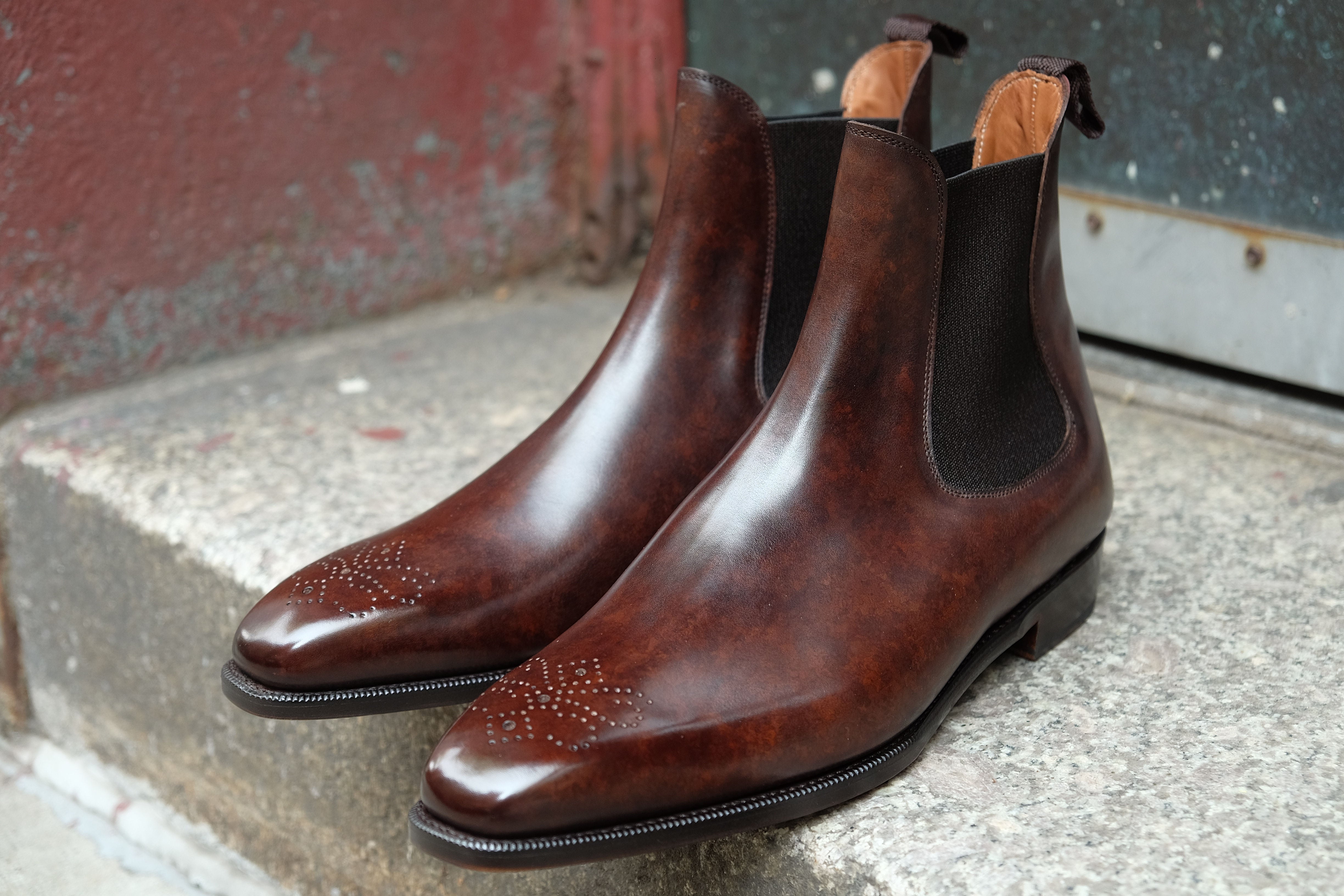 Highland - MTO - Dark Brown Marble Patina - MGF Last - Single Leather Sole-Made To Order Chelsea Boot Medallion-J.FitzPatrick Footwear