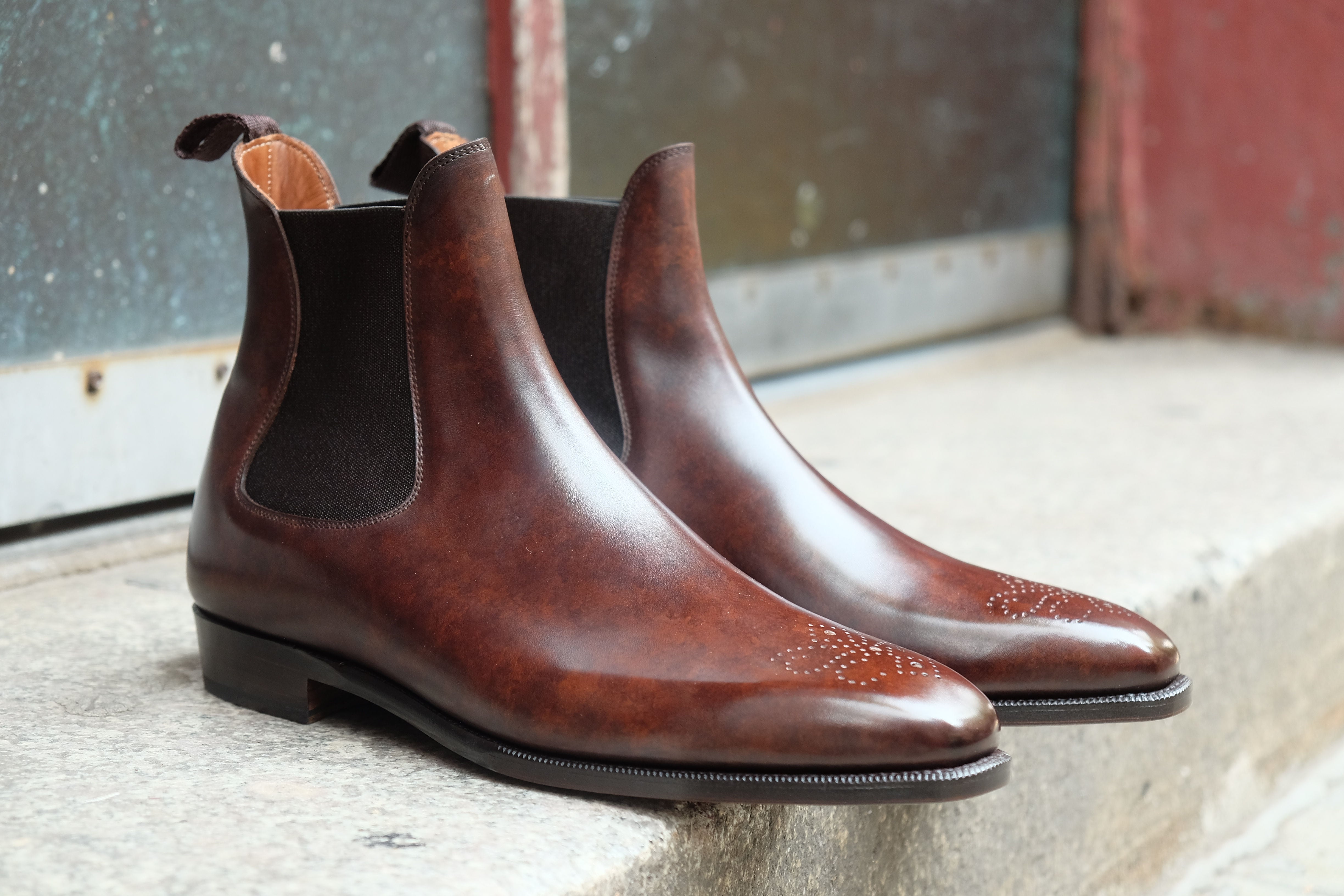 Highland - MTO - Dark Brown Marble Patina - MGF Last - Single Leather Sole-Made To Order Chelsea Boot Medallion-J.FitzPatrick Footwear