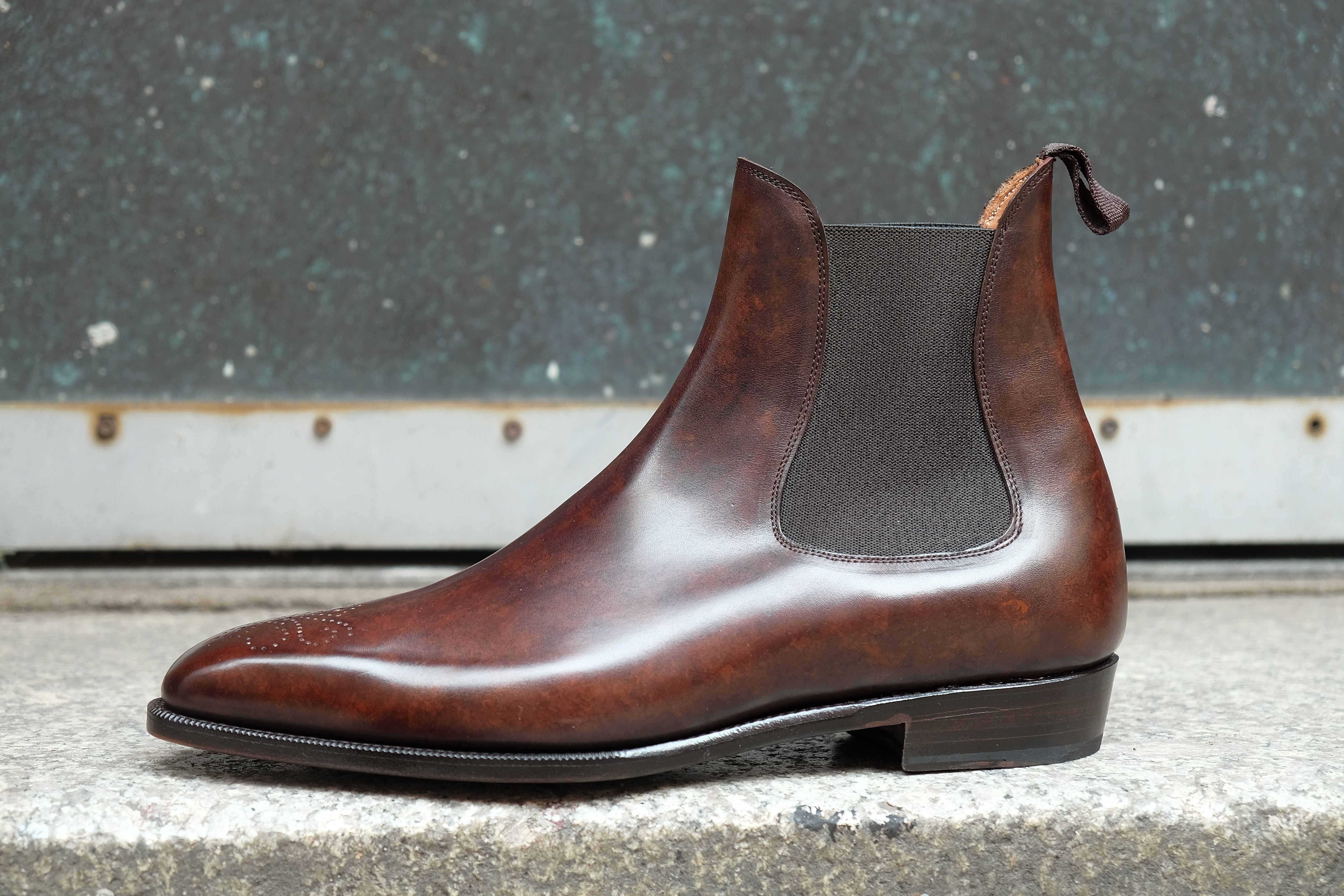 Highland - MTO - Dark Brown Marble Patina - MGF Last - Single Leather Sole-Made To Order Chelsea Boot Medallion-J.FitzPatrick Footwear