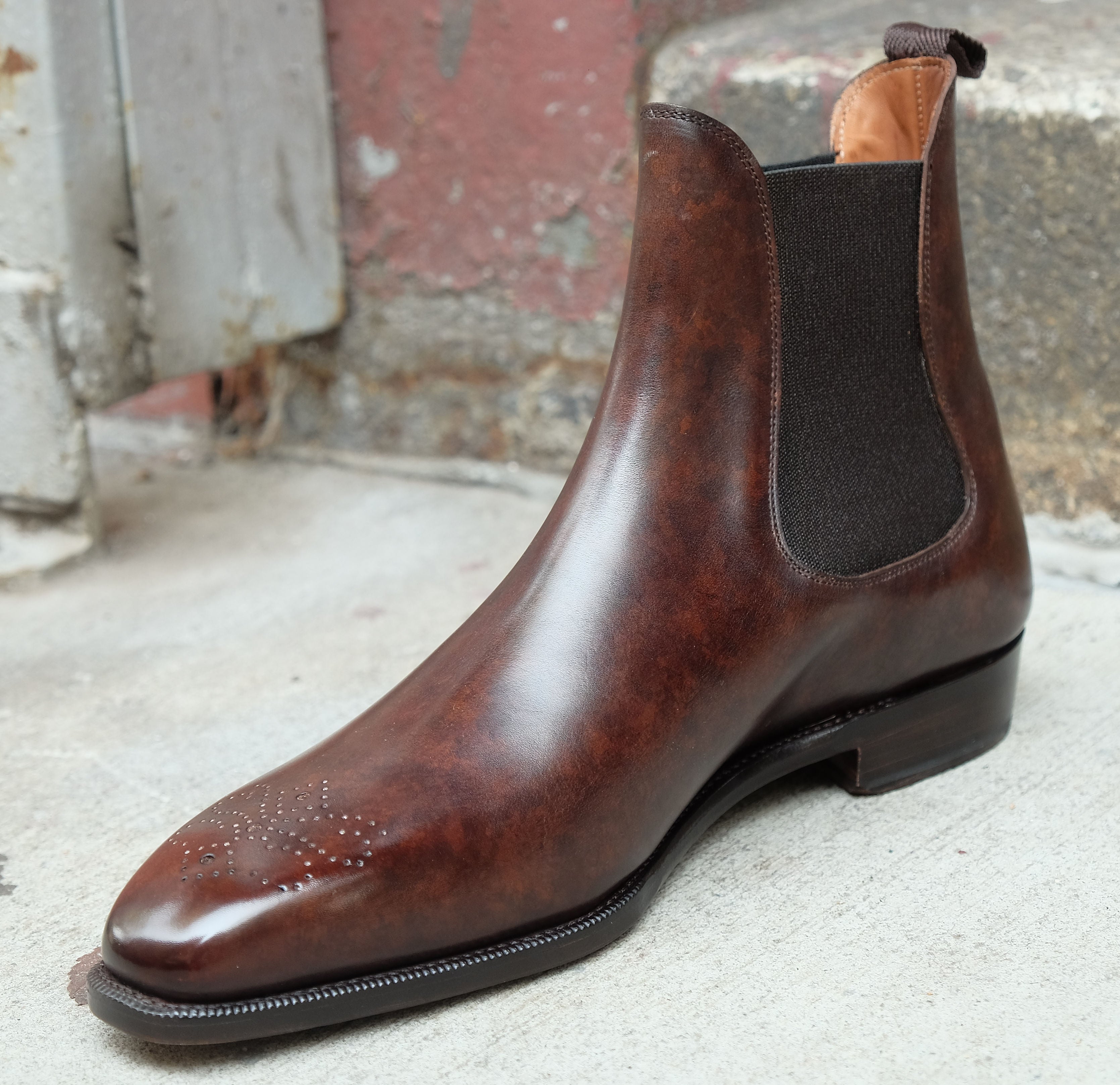 Highland - MTO - Dark Brown Marble Patina - MGF Last - Single Leather Sole-Made To Order Chelsea Boot Medallion-J.FitzPatrick Footwear