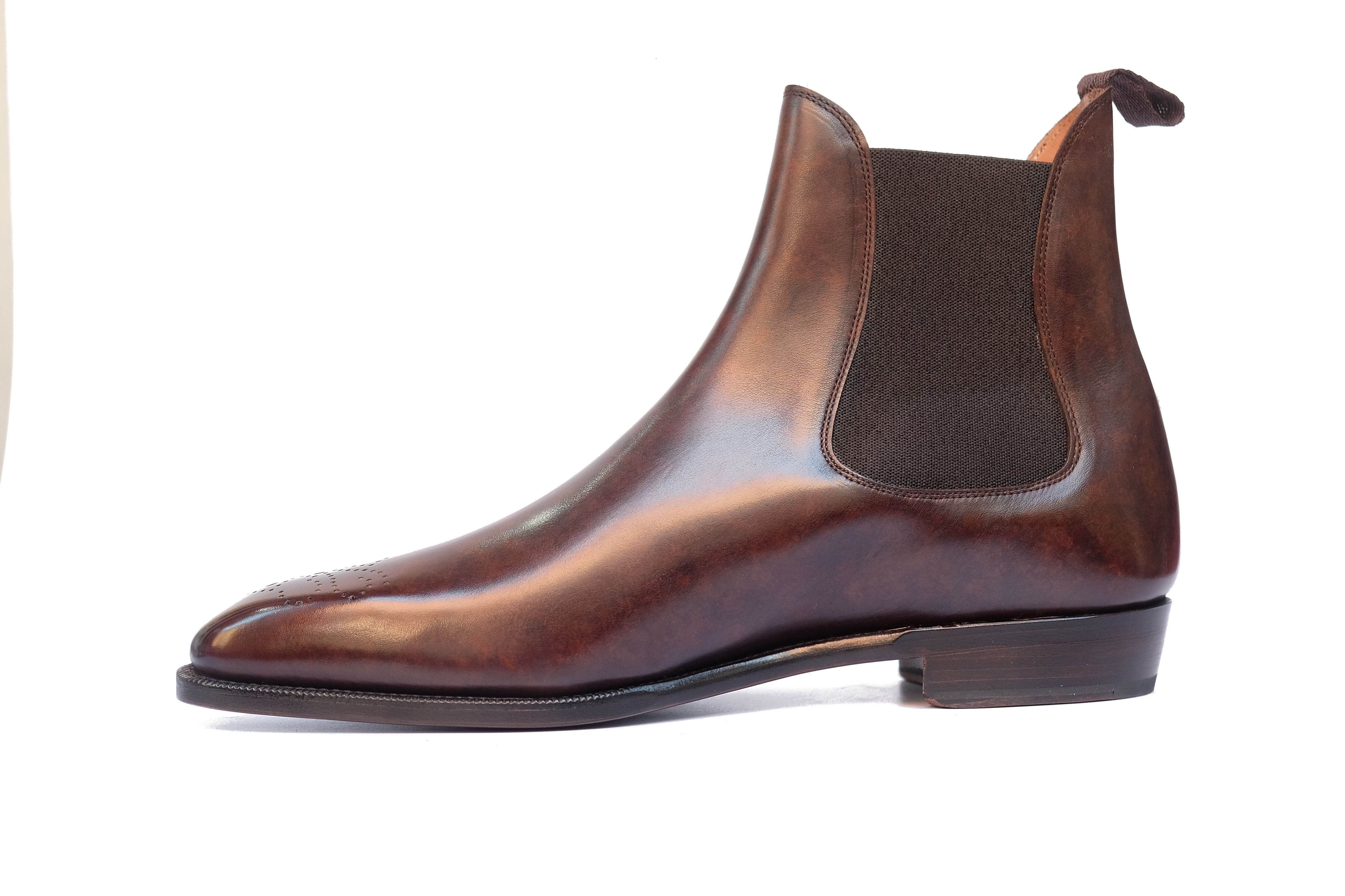 Highland - MTO - Dark Brown Marble Patina - MGF Last - Single Leather Sole-Made To Order Chelsea Boot Medallion-J.FitzPatrick Footwear