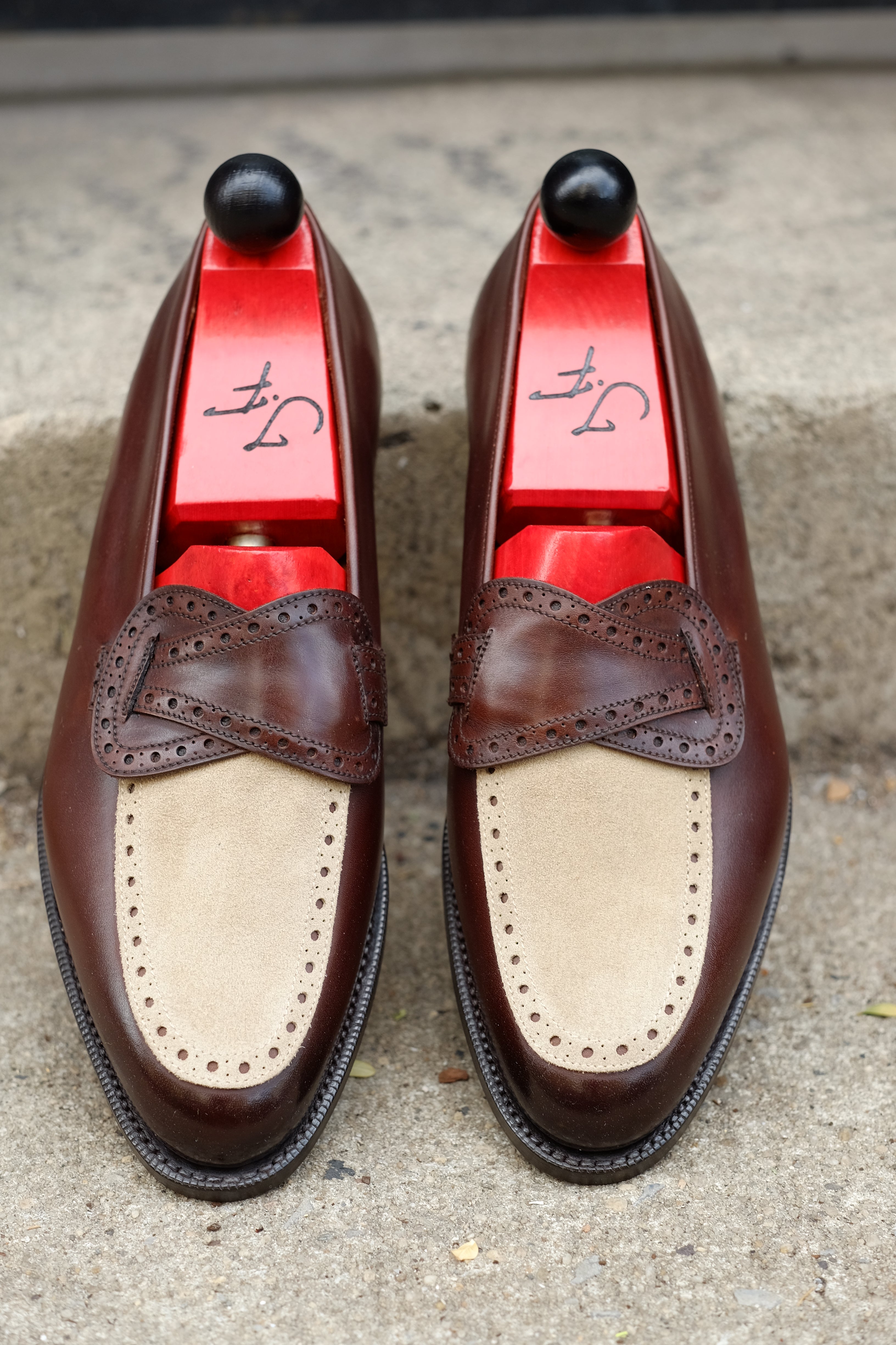 Kennewick - MTO - Dark Chestnut Calf / Light Cream Suede - TMG Last - Single Leather Sole-Made To Order Butterfly Loafer Brogue-J.FitzPatrick Footwear