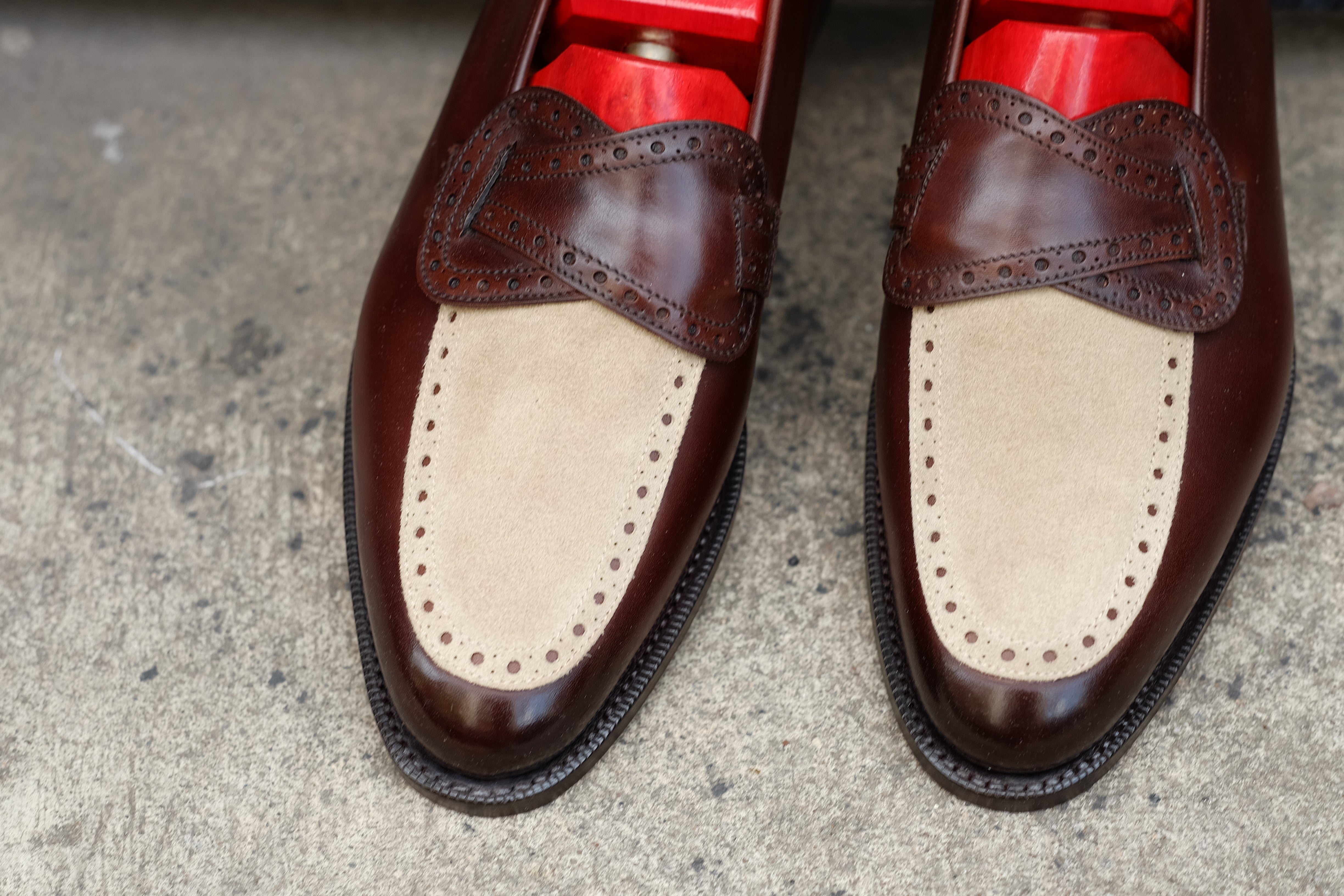 Kennewick - MTO - Dark Chestnut Calf / Light Cream Suede - TMG Last - Single Leather Sole-Made To Order Butterfly Loafer Brogue-J.FitzPatrick Footwear