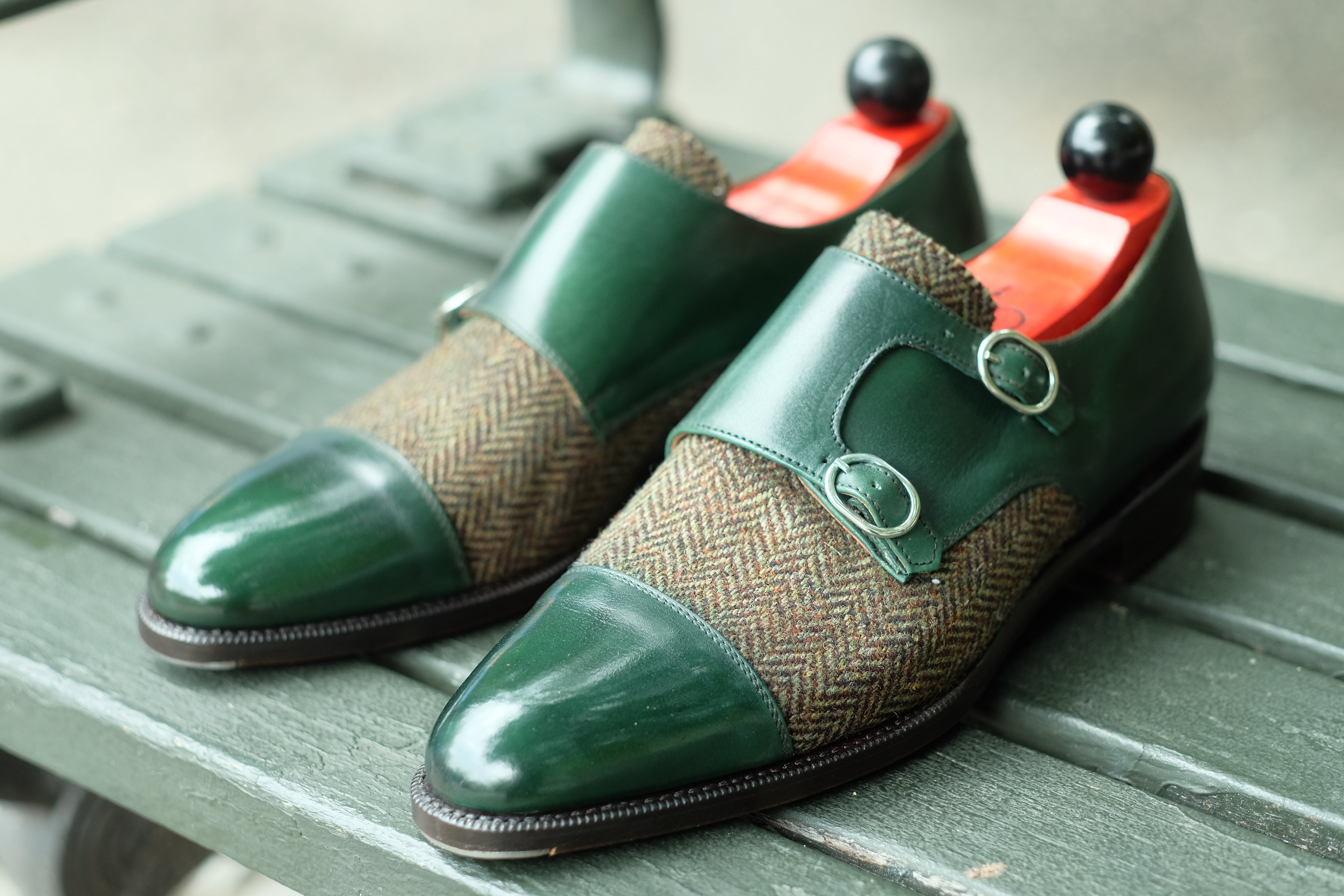 Kent - MTO - Shaded Forest Green Calf / Forest Tweed-Made To Order Double Monkstrap Cap Toe-J.FitzPatrick Footwear