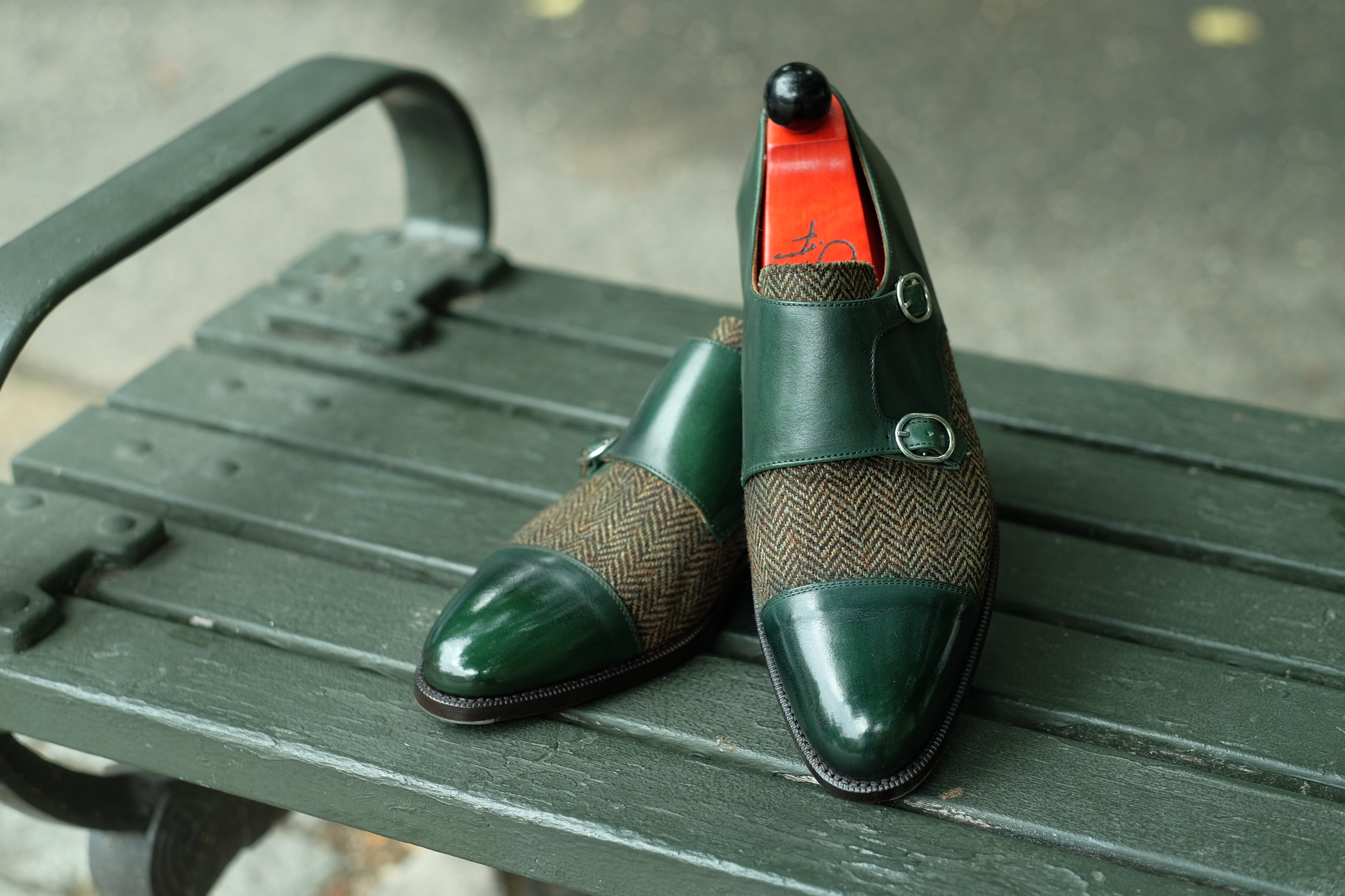 Kent - MTO - Shaded Forest Green Calf / Forest Tweed-Made To Order Double Monkstrap Cap Toe-J.FitzPatrick Footwear