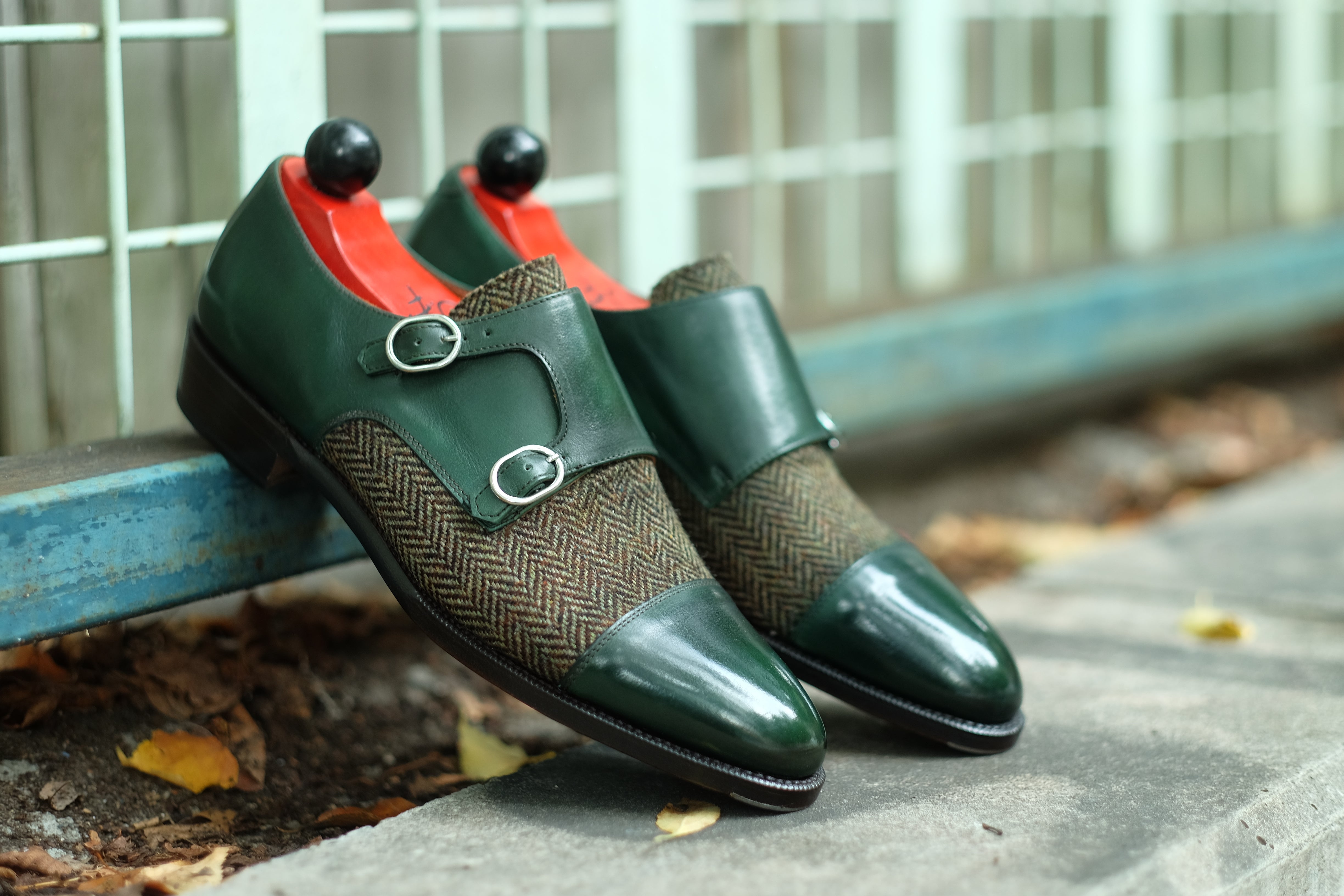 Kent - MTO - Shaded Forest Green Calf / Forest Tweed-Made To Order Double Monkstrap Cap Toe-J.FitzPatrick Footwear
