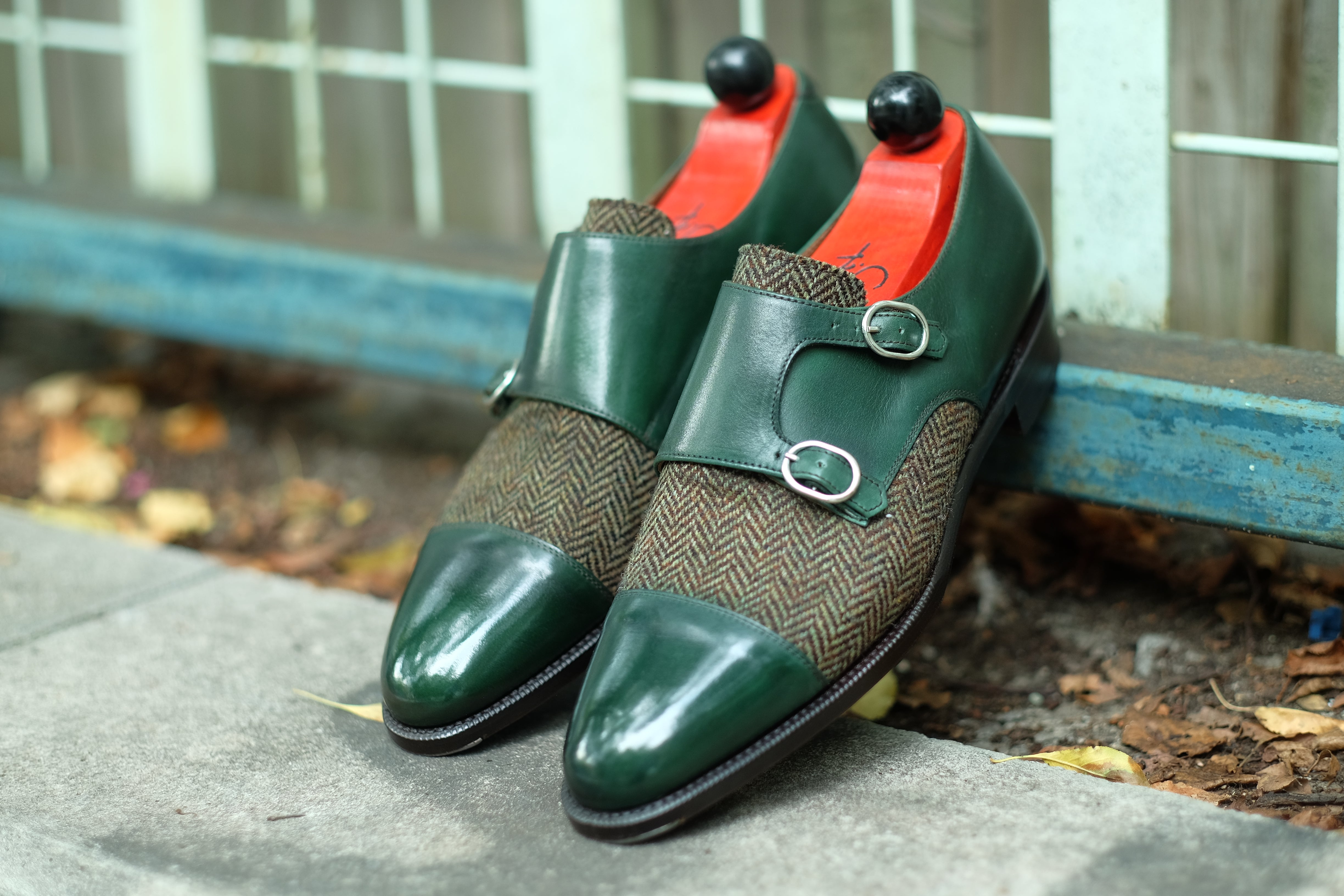 Kent - MTO - Shaded Forest Green Calf / Forest Tweed-Made To Order Double Monkstrap Cap Toe-J.FitzPatrick Footwear