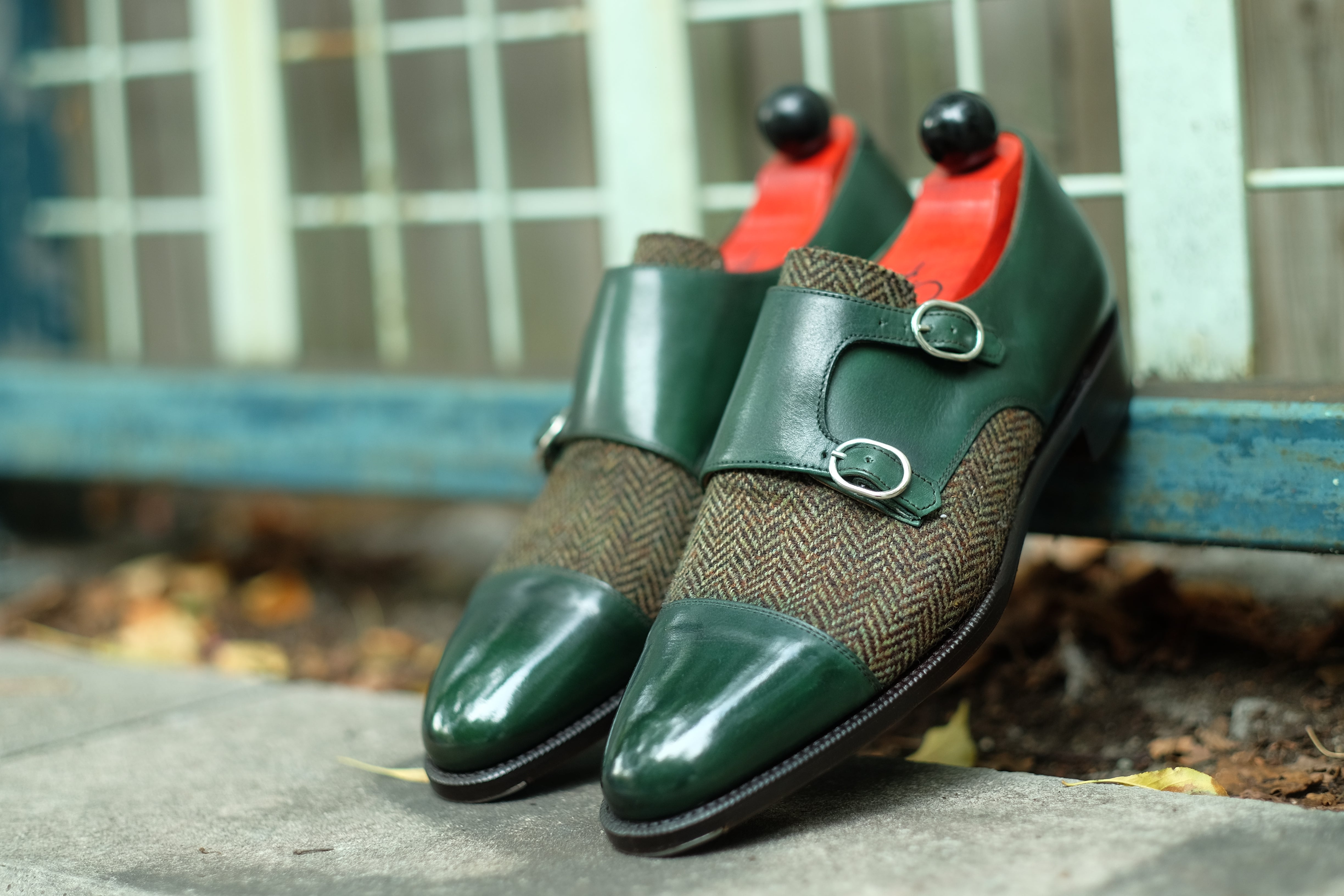 Kent - MTO - Shaded Forest Green Calf / Forest Tweed-Made To Order Double Monkstrap Cap Toe-J.FitzPatrick Footwear