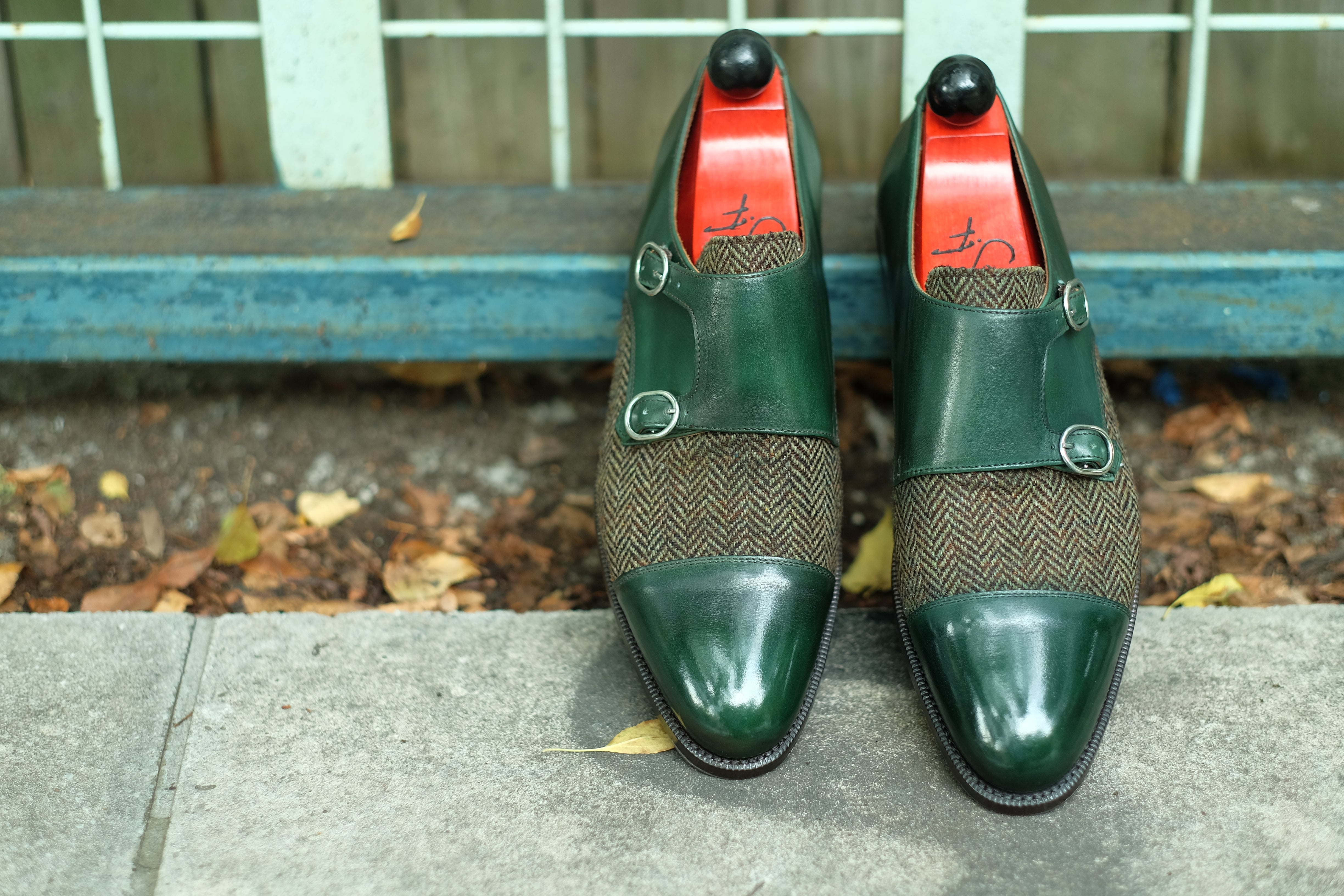 Kent - MTO - Shaded Forest Green Calf / Forest Tweed-Made To Order Double Monkstrap Cap Toe-J.FitzPatrick Footwear