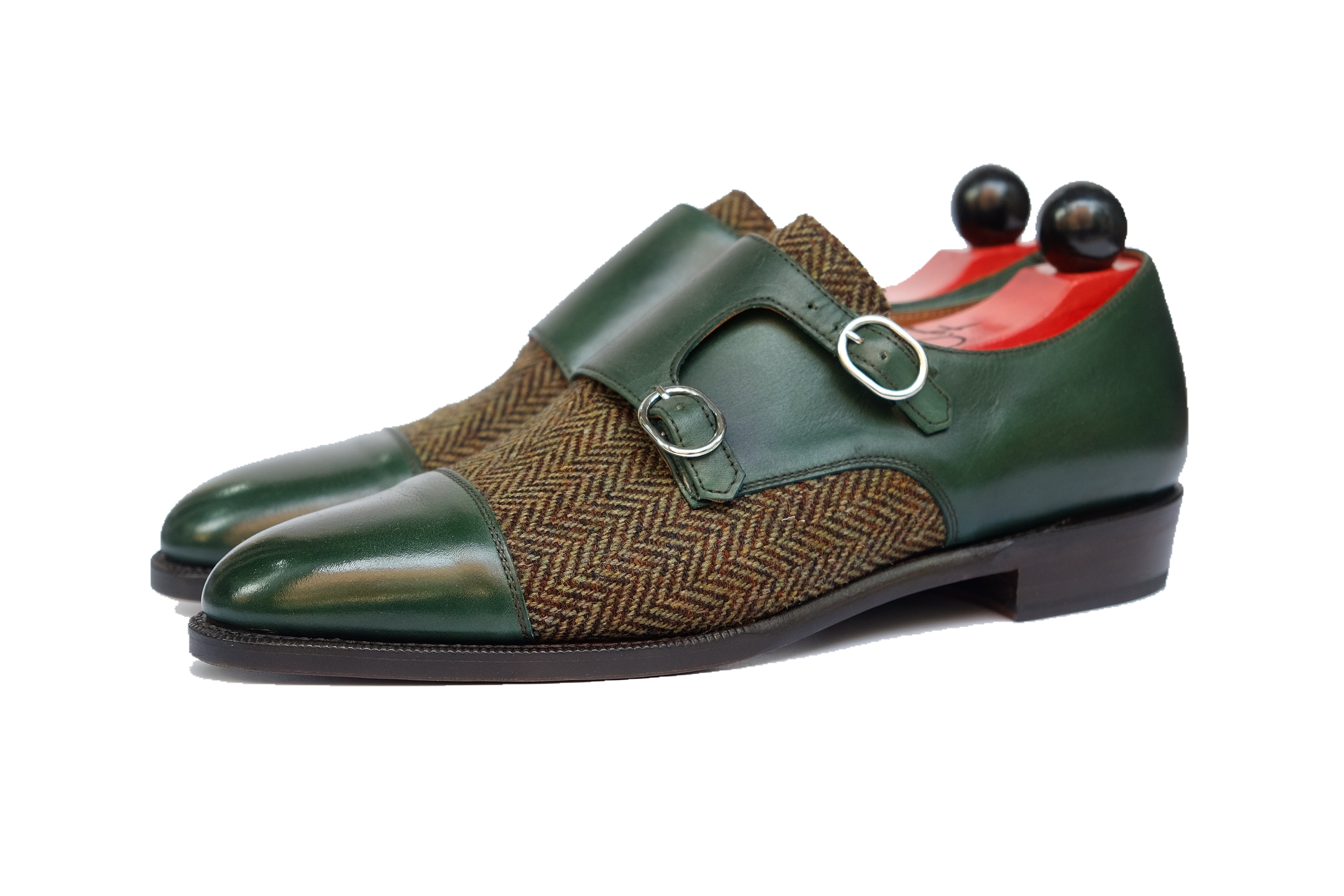 Kent - MTO - Shaded Forest Green Calf / Forest Tweed-Made To Order Double Monkstrap Cap Toe-J.FitzPatrick Footwear