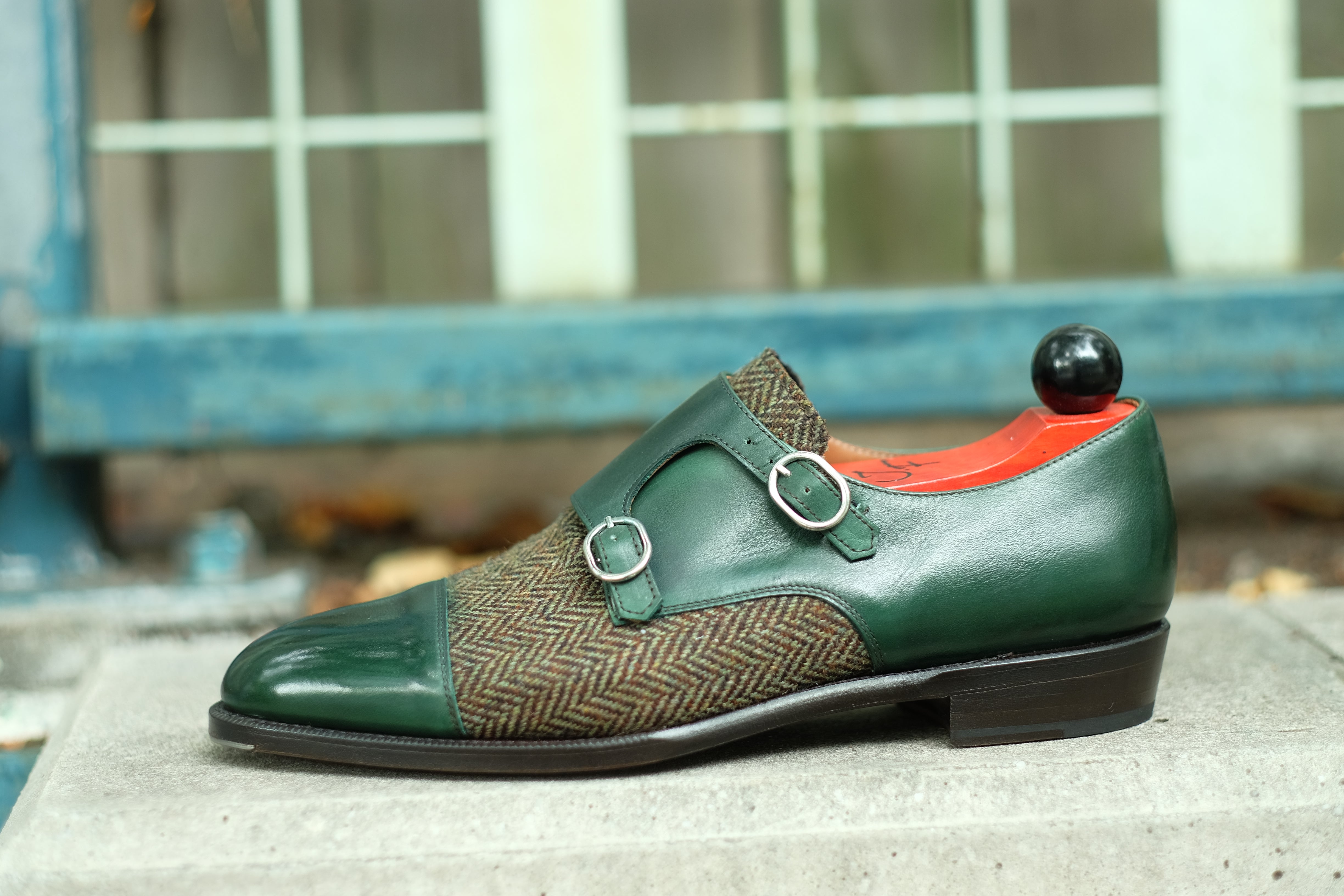 Kent - MTO - Shaded Forest Green Calf / Forest Tweed-Made To Order Double Monkstrap Cap Toe-J.FitzPatrick Footwear