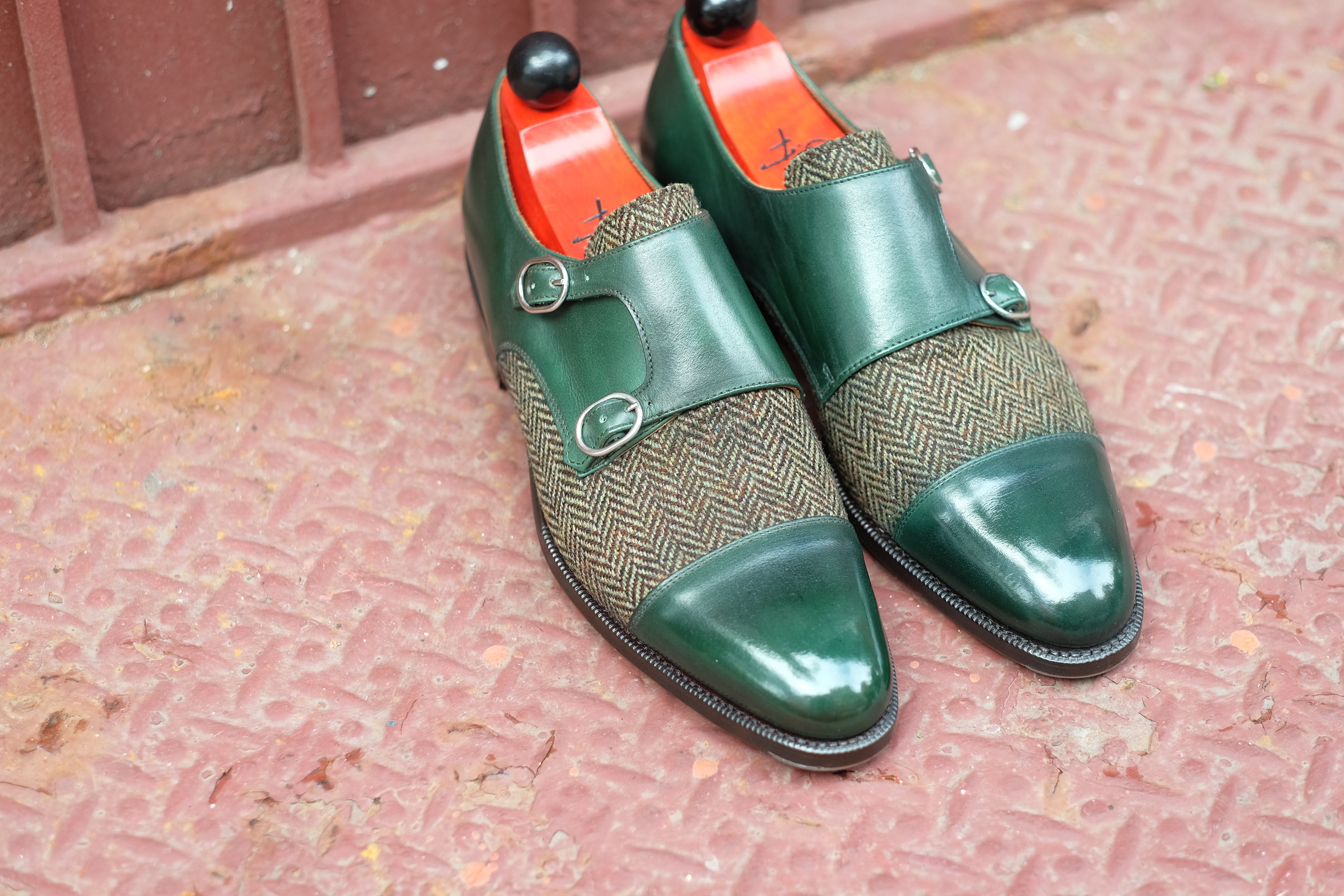 Kent - MTO - Shaded Forest Green Calf / Forest Tweed-Made To Order Double Monkstrap Cap Toe-J.FitzPatrick Footwear