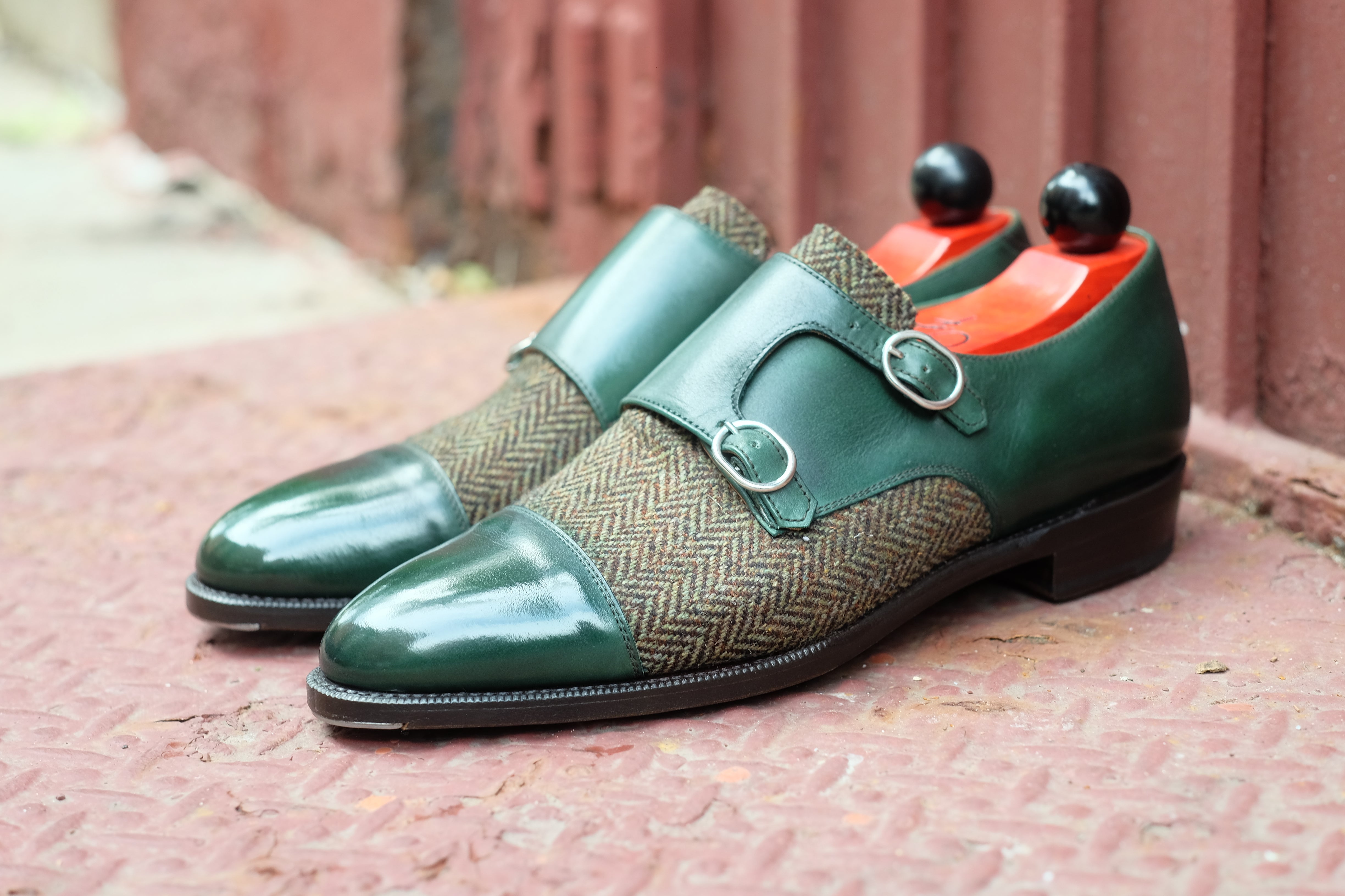 Kent - MTO - Shaded Forest Green Calf / Forest Tweed-Made To Order Double Monkstrap Cap Toe-J.FitzPatrick Footwear