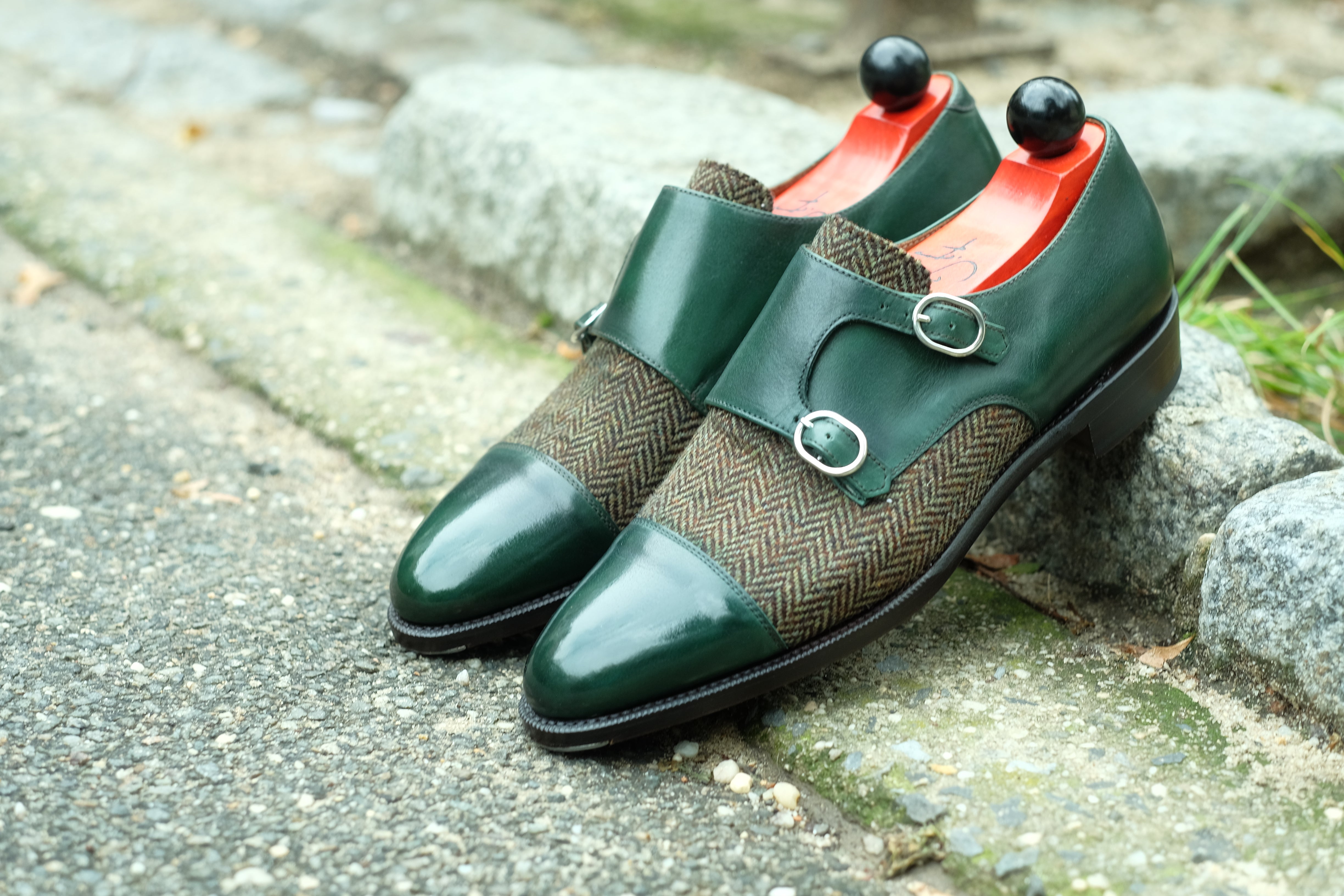 Kent - MTO - Shaded Forest Green Calf / Forest Tweed-Made To Order Double Monkstrap Cap Toe-J.FitzPatrick Footwear