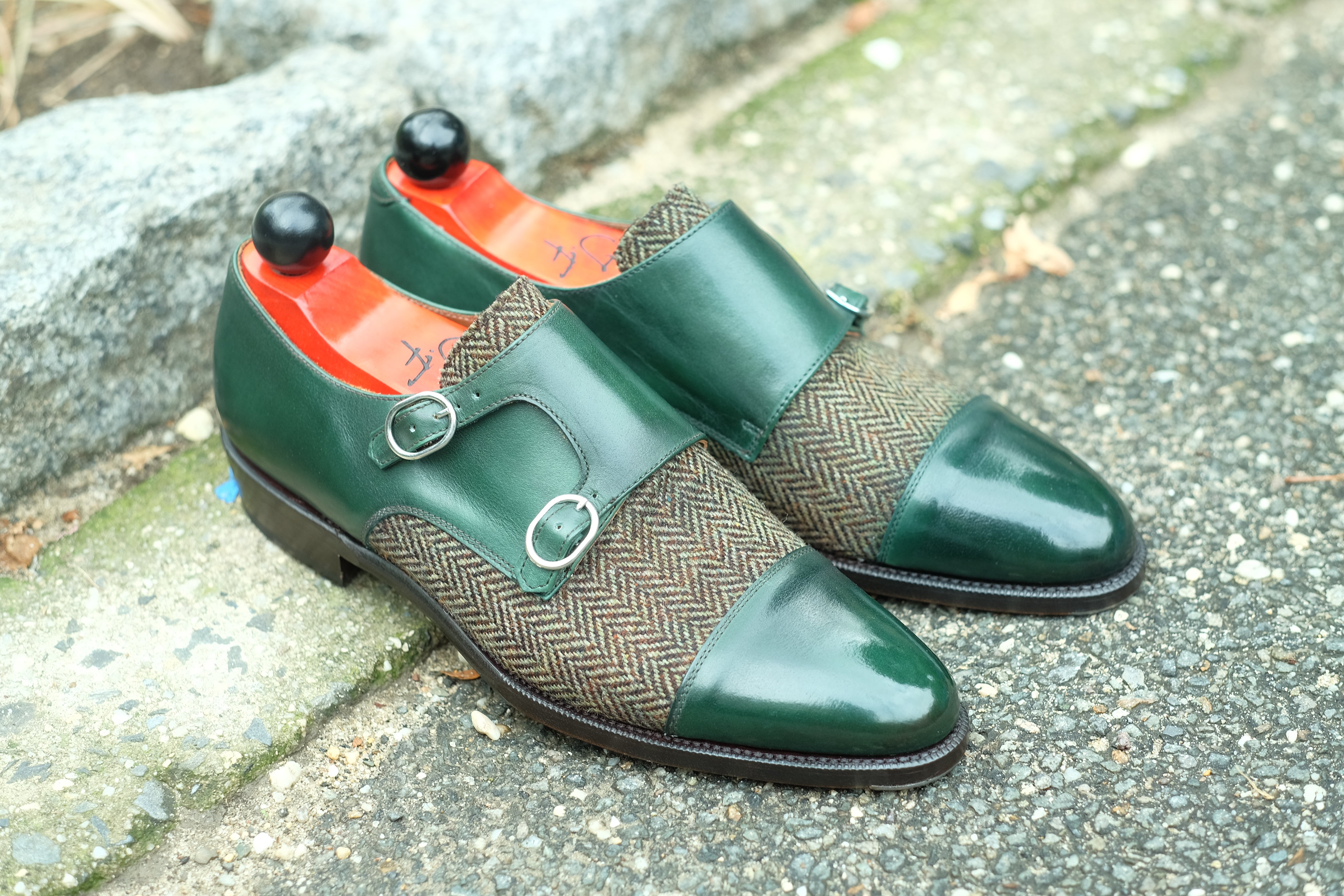 Kent - MTO - Shaded Forest Green Calf / Forest Tweed-Made To Order Double Monkstrap Cap Toe-J.FitzPatrick Footwear
