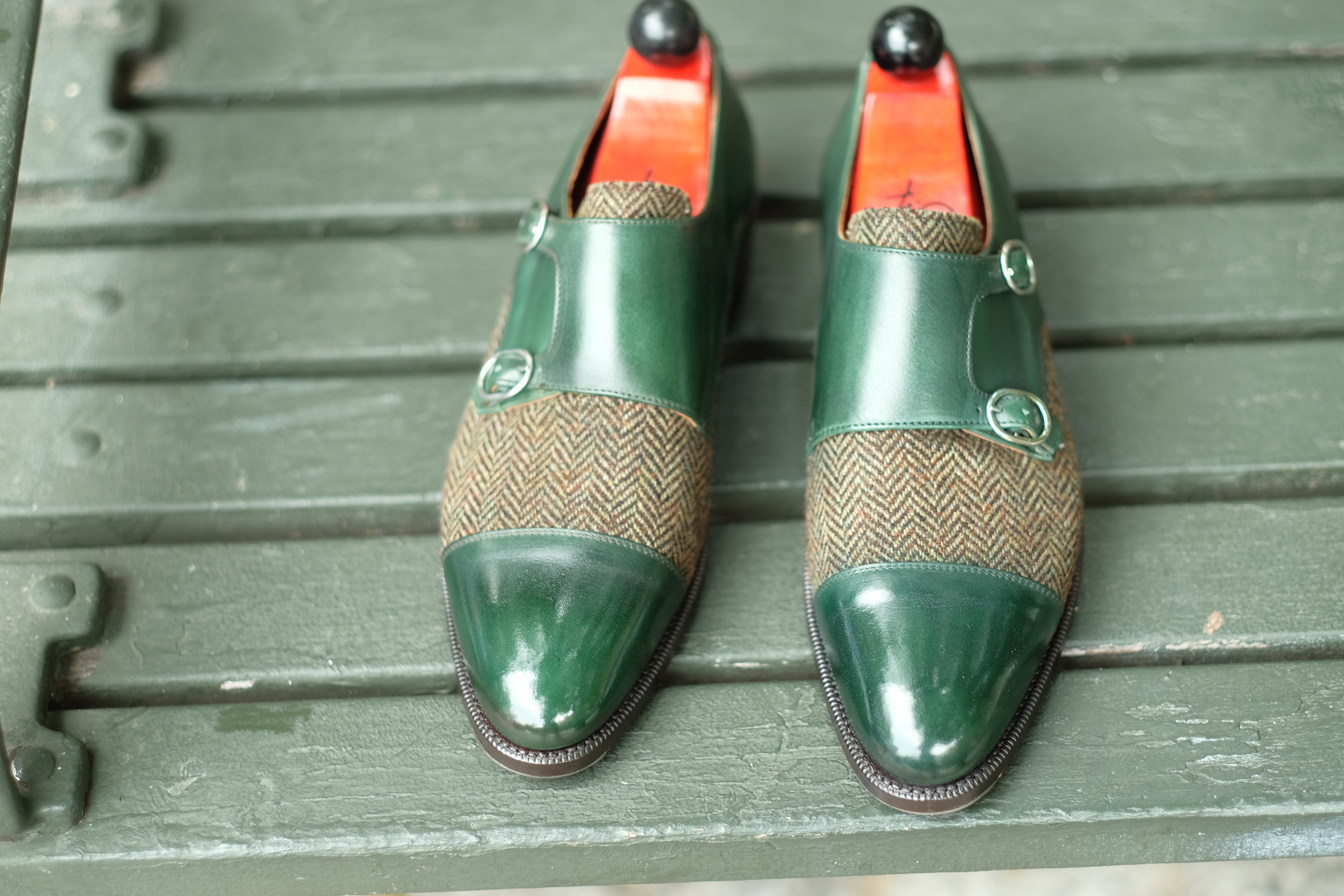 Kent - MTO - Shaded Forest Green Calf / Forest Tweed-Made To Order Double Monkstrap Cap Toe-J.FitzPatrick Footwear