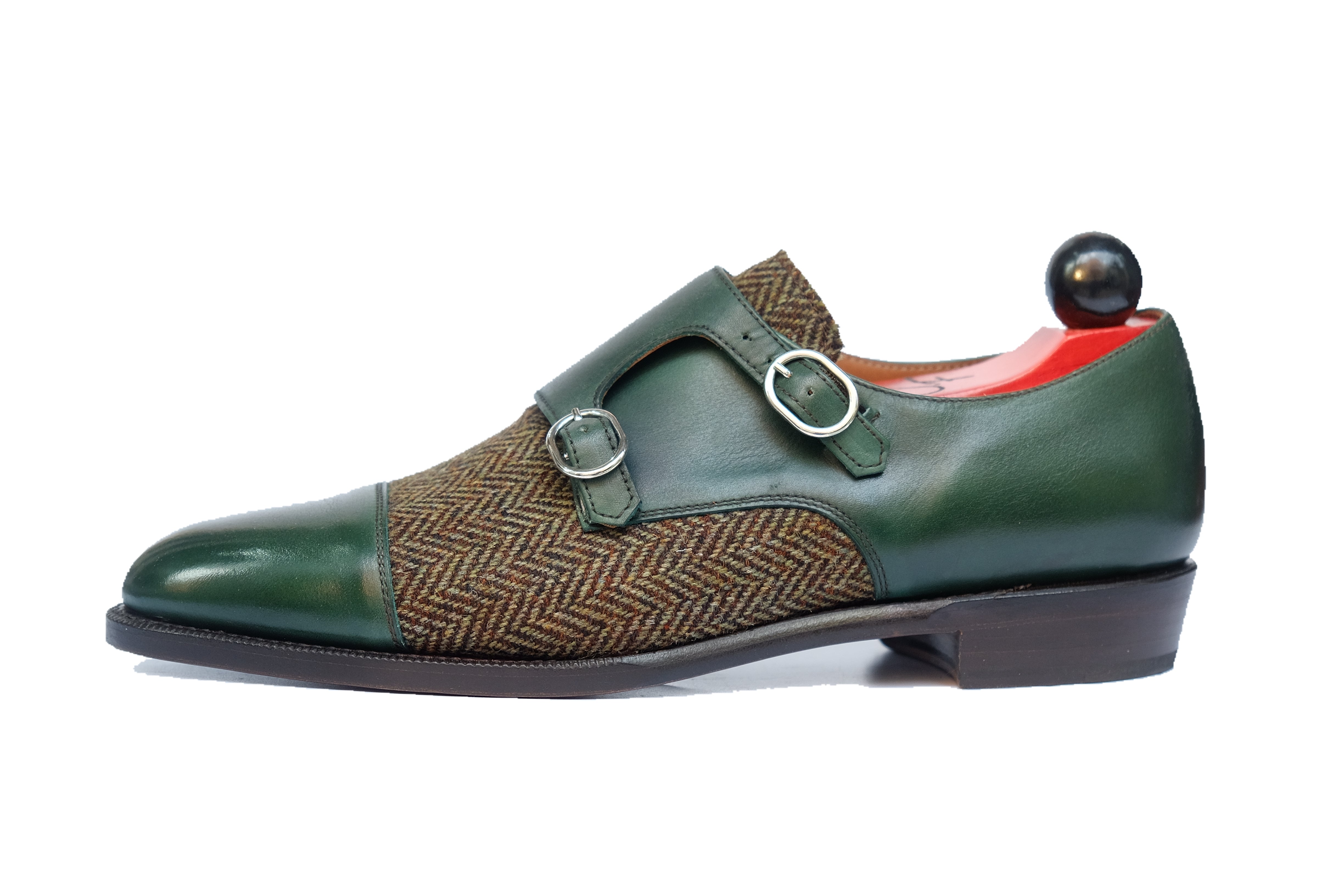 Kent - MTO - Shaded Forest Green Calf / Forest Tweed-Made To Order Double Monkstrap Cap Toe-J.FitzPatrick Footwear