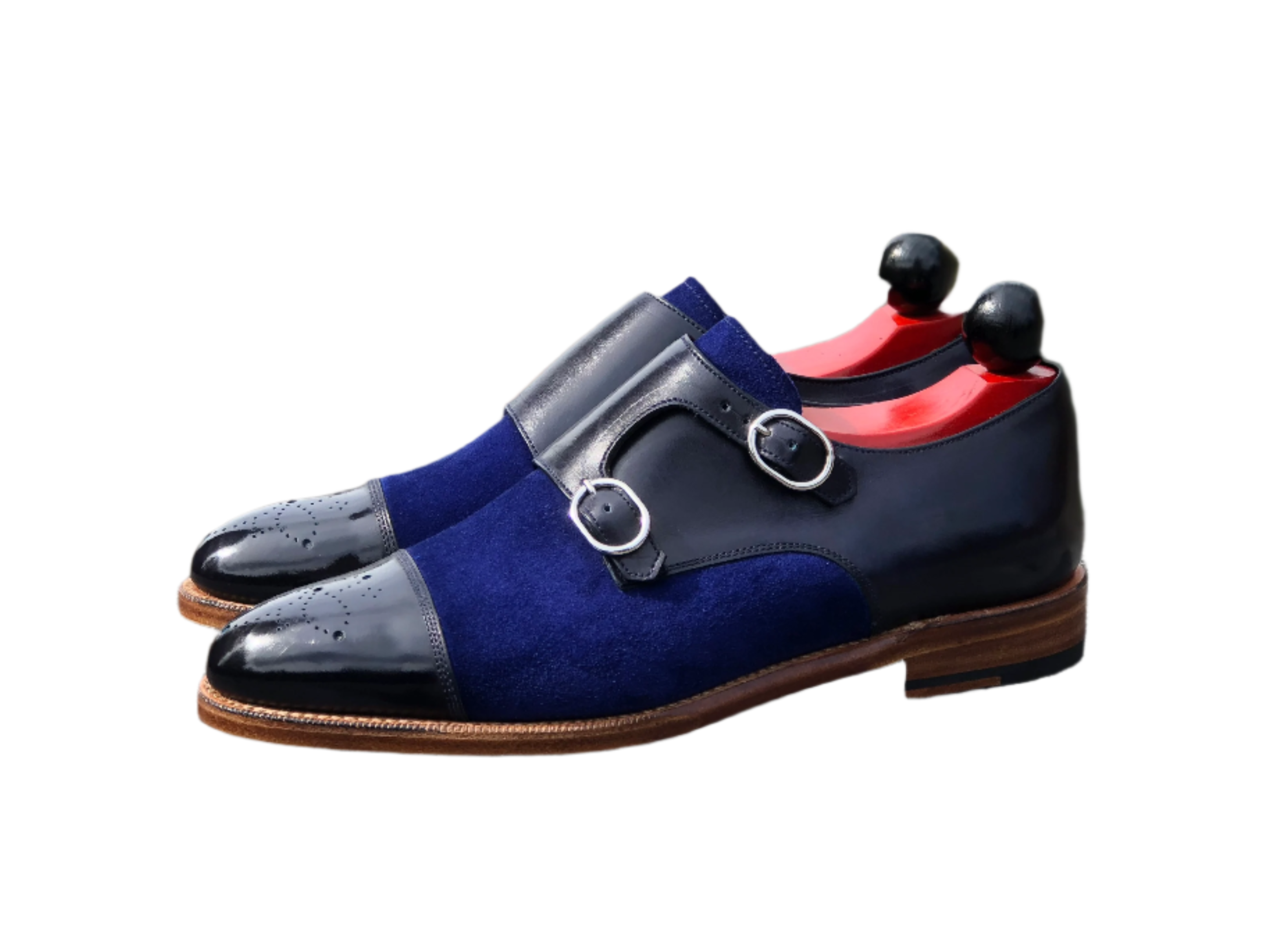 Kent Redux - MTO - Black Calf / Blue Suede-Made To Order Double Monkstrap Cap Toe Medallion-J.FitzPatrick Footwear