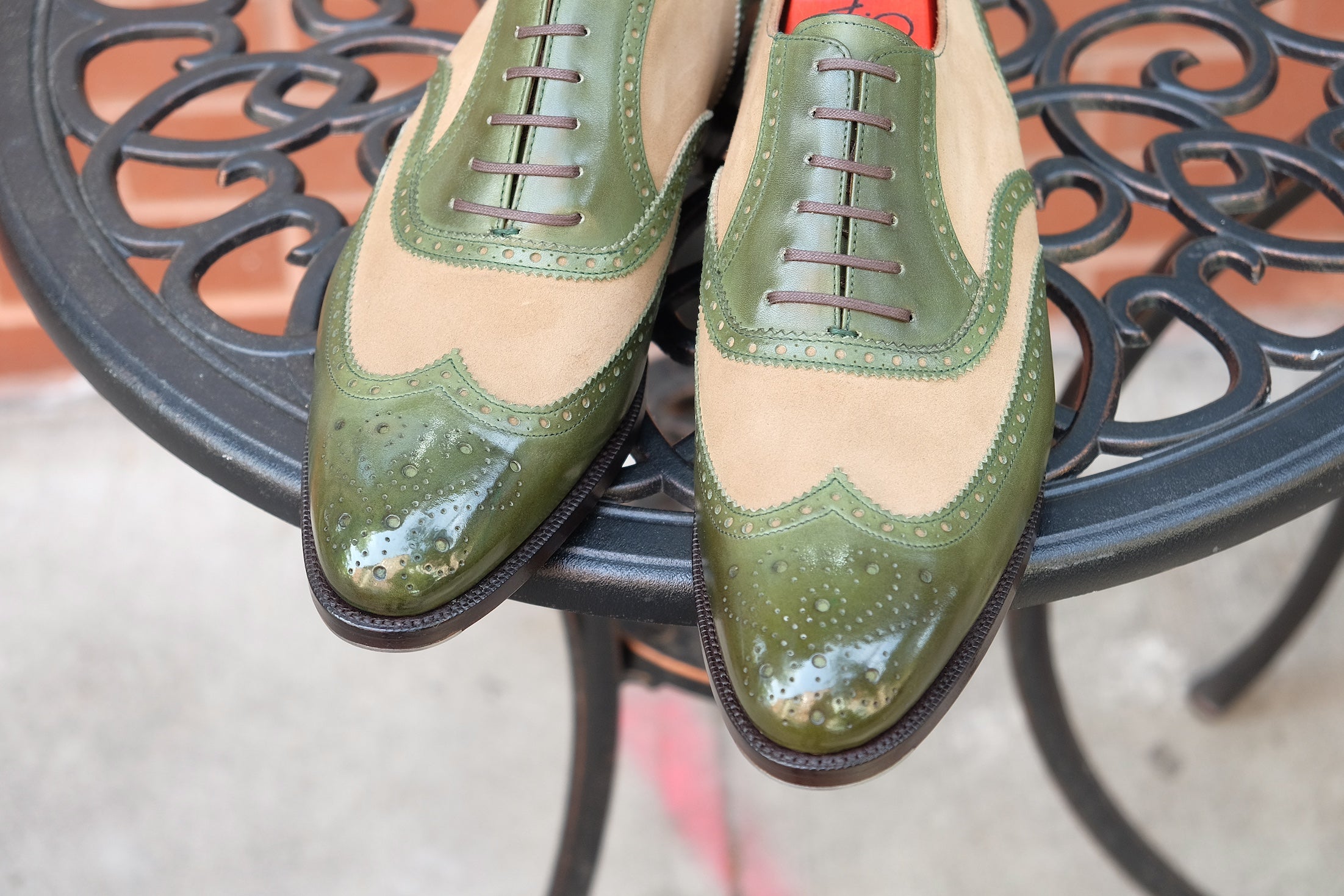Kitsap - MTO - Avocado Calf / Oatmeal Suede - TMG Last - Single Leather Sole - Heart Medallion-Made To Order Wingtip Brogue Oxfords Spectator-J.FitzPatrick Footwear