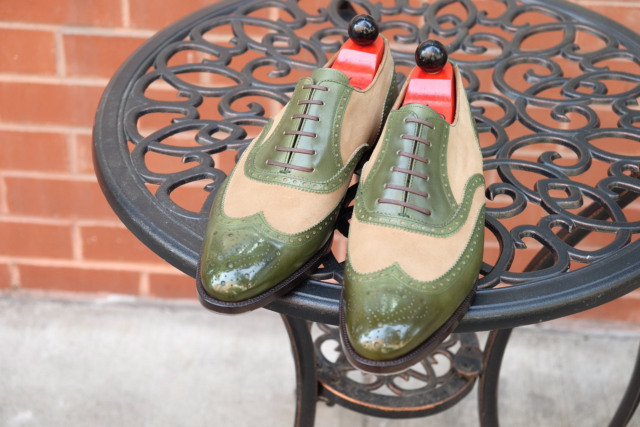 Kitsap - MTO - Avocado Calf / Oatmeal Suede - TMG Last - Single Leather Sole - Heart Medallion-Made To Order Wingtip Brogue Oxfords Spectator-J.FitzPatrick Footwear