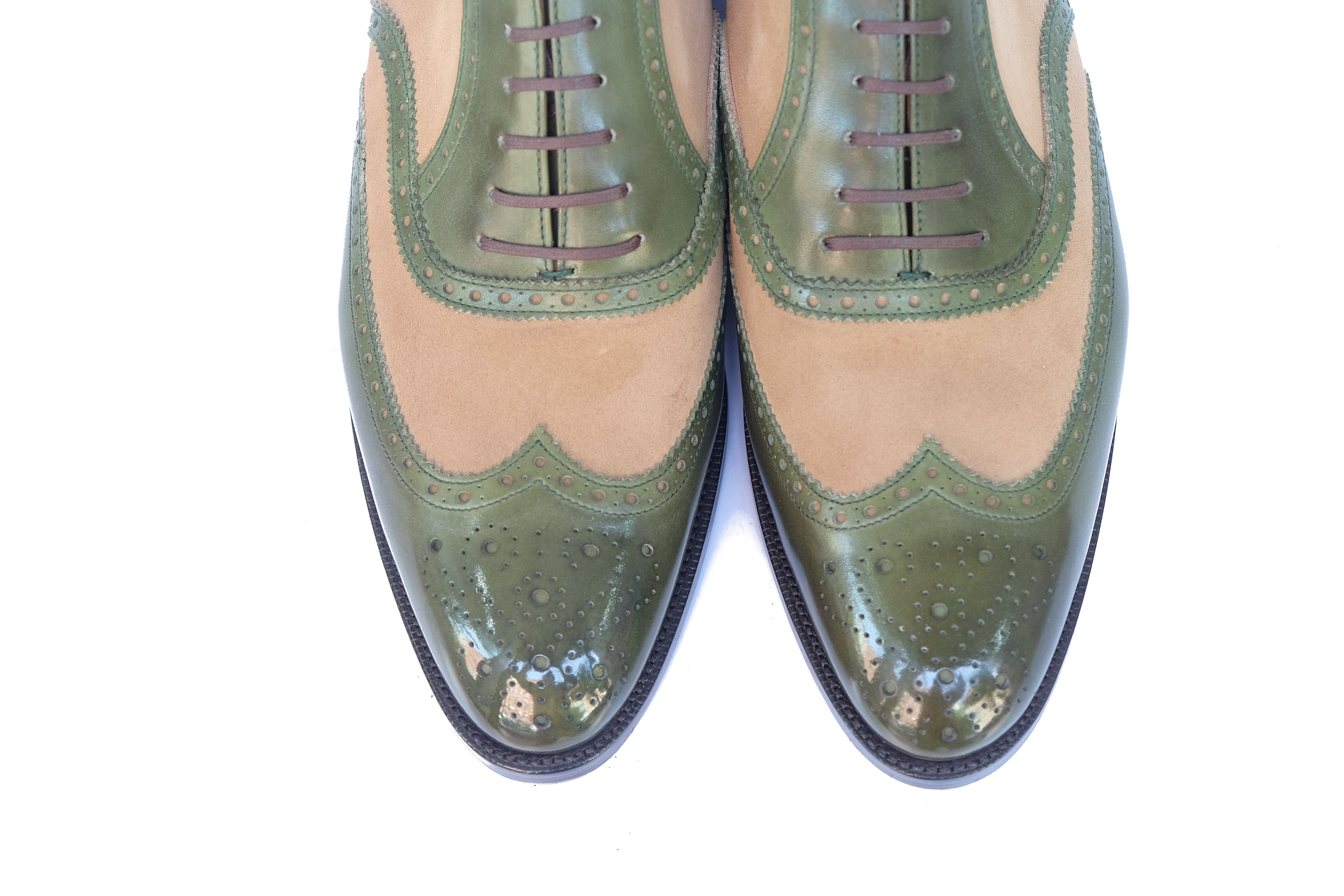 Kitsap - MTO - Avocado Calf / Oatmeal Suede - TMG Last - Single Leather Sole - Heart Medallion-Made To Order Wingtip Brogue Oxfords Spectator-J.FitzPatrick Footwear