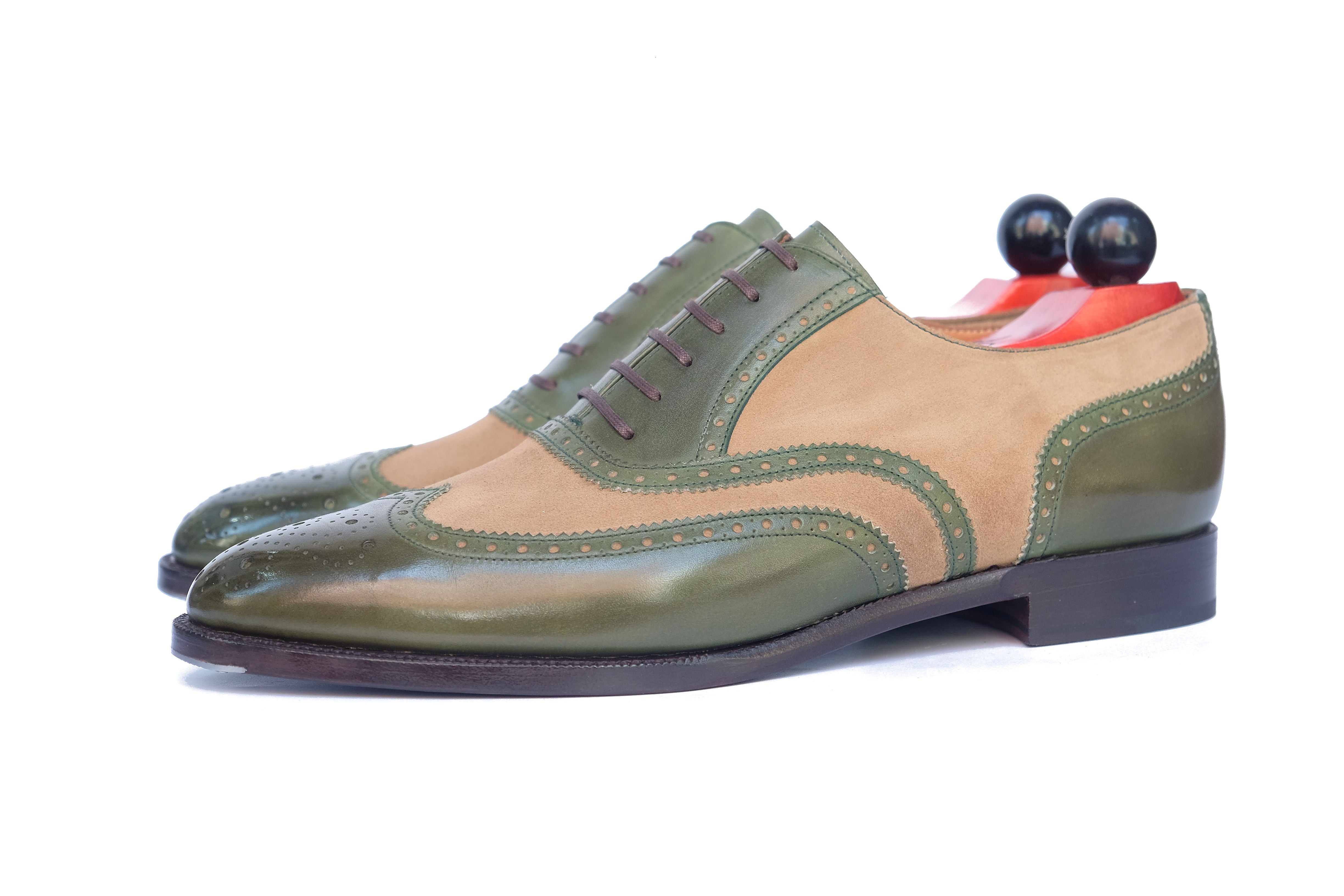 Kitsap - MTO - Avocado Calf / Oatmeal Suede - TMG Last - Single Leather Sole - Heart Medallion-Made To Order Wingtip Brogue Oxfords Spectator-J.FitzPatrick Footwear