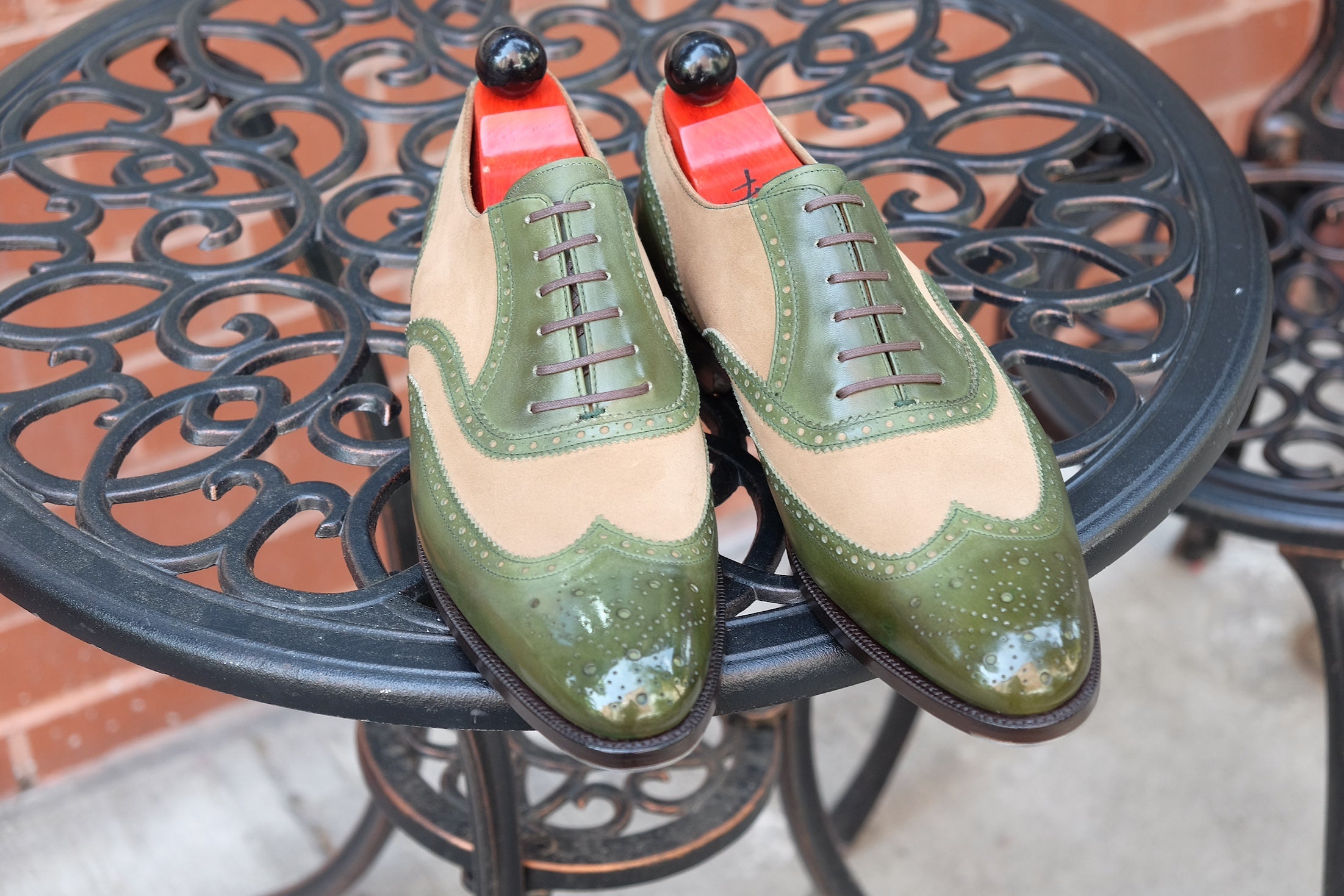 Kitsap - MTO - Avocado Calf / Oatmeal Suede - TMG Last - Single Leather Sole - Heart Medallion-Made To Order Wingtip Brogue Oxfords Spectator-J.FitzPatrick Footwear