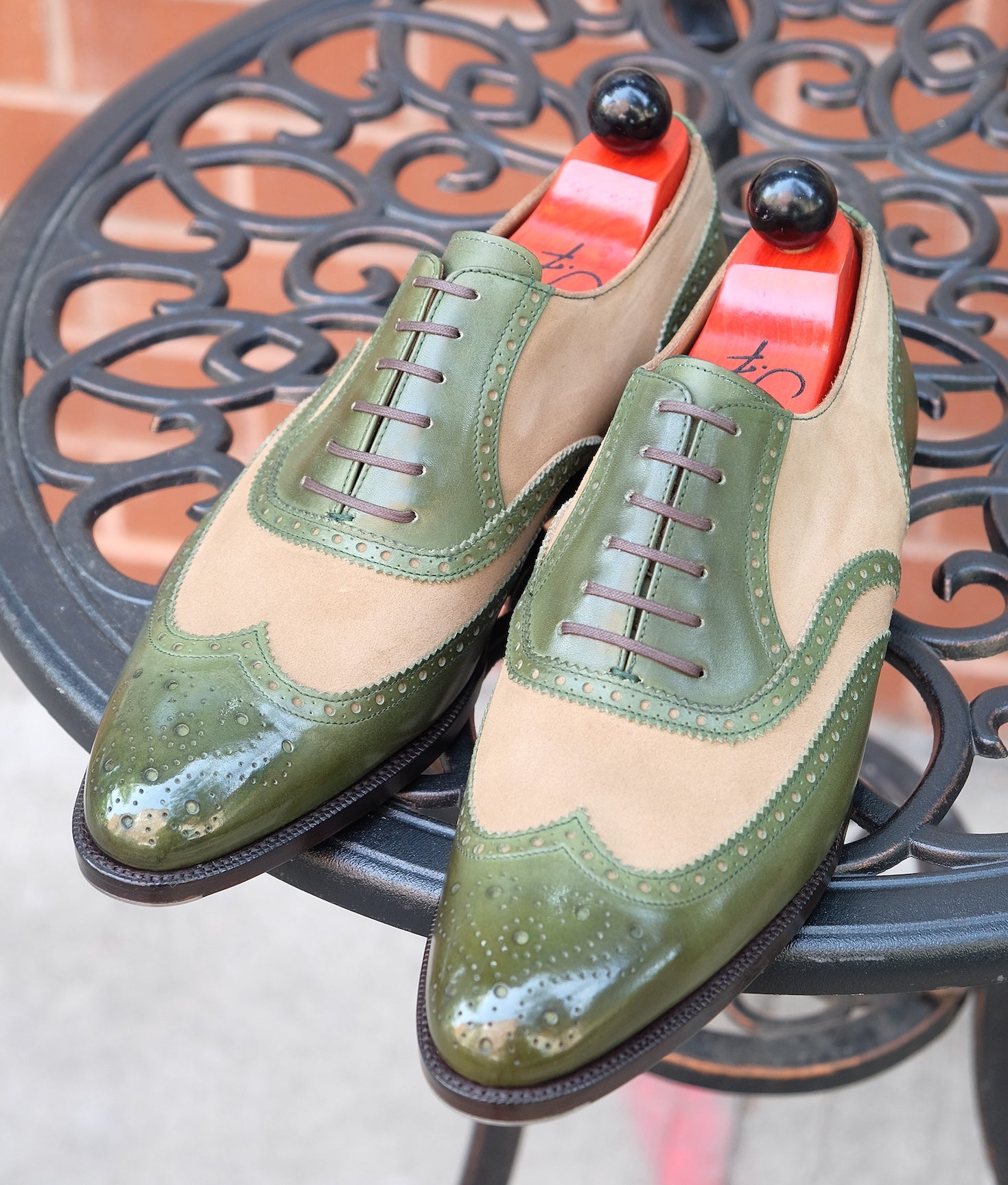 Kitsap - MTO - Avocado Calf / Oatmeal Suede - TMG Last - Single Leather Sole - Heart Medallion-Made To Order Wingtip Brogue Oxfords Spectator-J.FitzPatrick Footwear