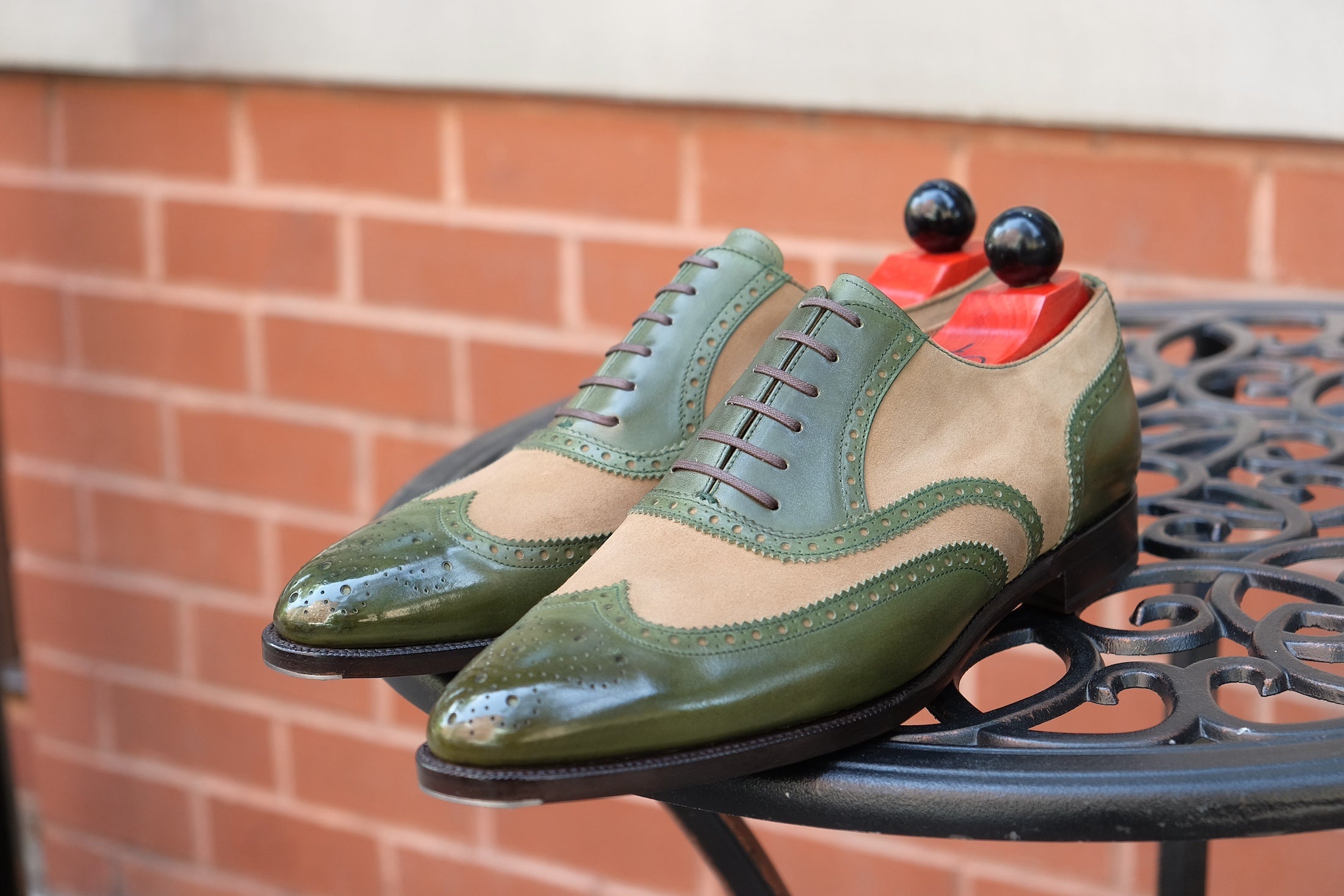 Kitsap - MTO - Avocado Calf / Oatmeal Suede - TMG Last - Single Leather Sole - Heart Medallion-Made To Order Wingtip Brogue Oxfords Spectator-J.FitzPatrick Footwear