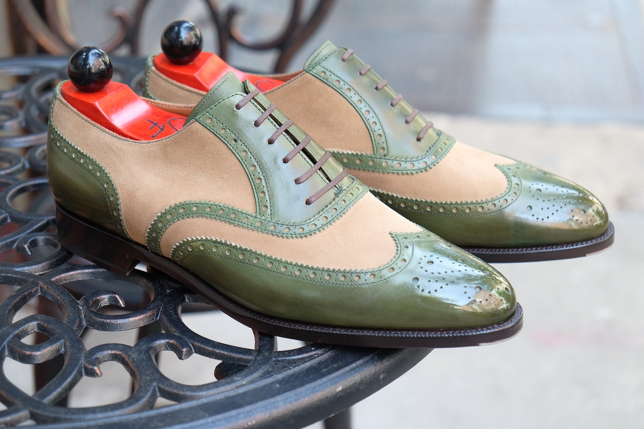 Kitsap - MTO - Avocado Calf / Oatmeal Suede - TMG Last - Single Leather Sole - Heart Medallion-Made To Order Wingtip Brogue Oxfords Spectator-J.FitzPatrick Footwear