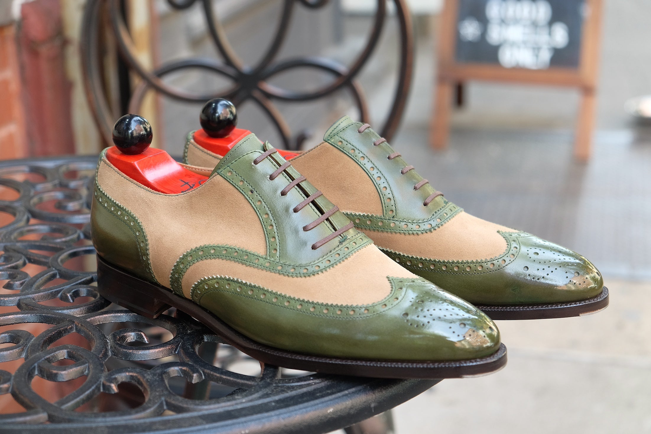 Kitsap - MTO - Avocado Calf / Oatmeal Suede - TMG Last - Single Leather Sole - Heart Medallion-Made To Order Wingtip Brogue Oxfords Spectator-J.FitzPatrick Footwear